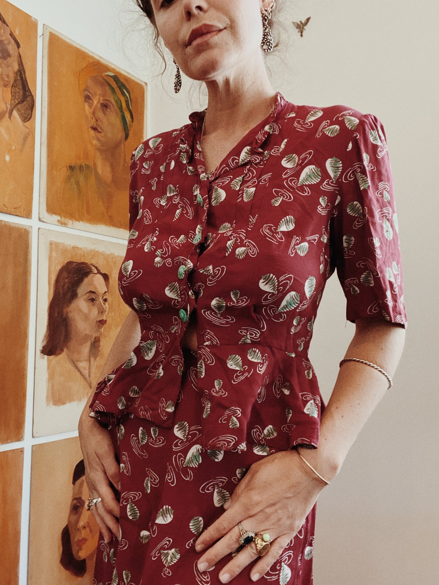 1940s Novelty Print Twirling Top Rayon Skirt Set- S/M