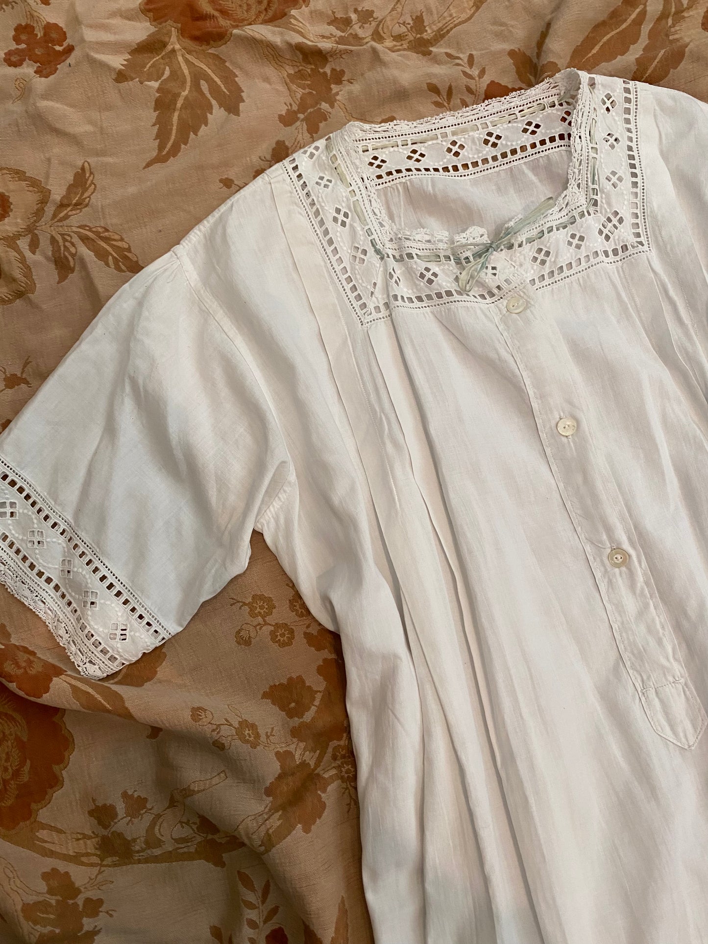 Antique French Eyelet Nightgown w/ Sage Ribbon- S