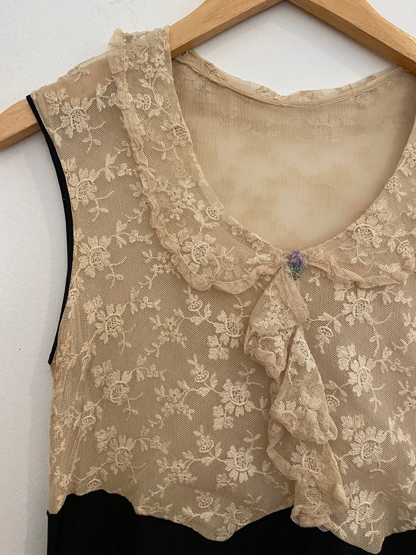 1930s Black Rayon + Ecru Lace Dress- S/M