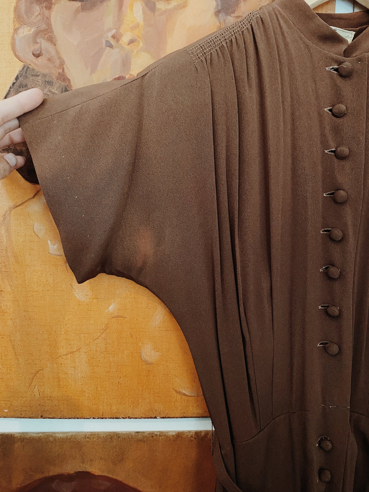 1940s Tiered Brown Rayon Dress w/ Belt- S/M