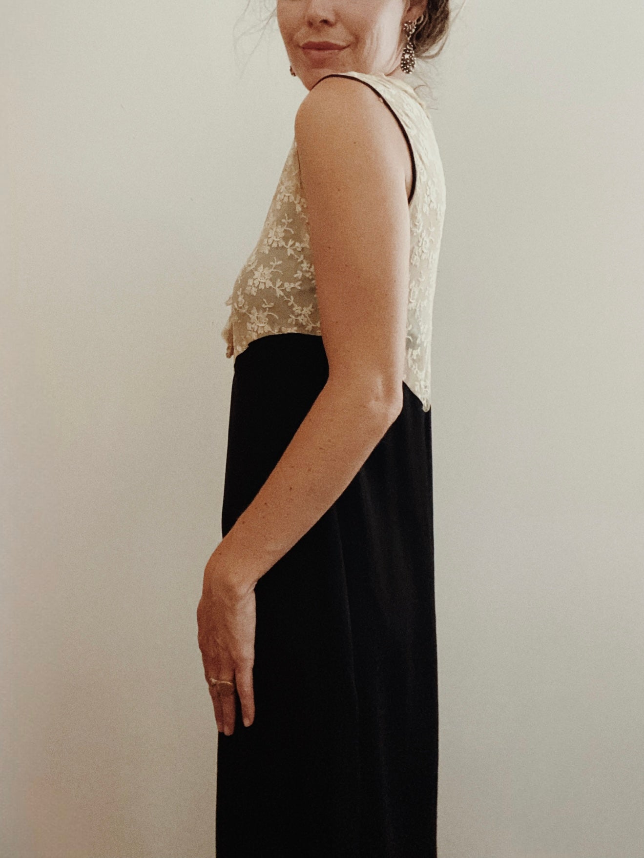 1930s Black Rayon + Ecru Lace Dress- S/M