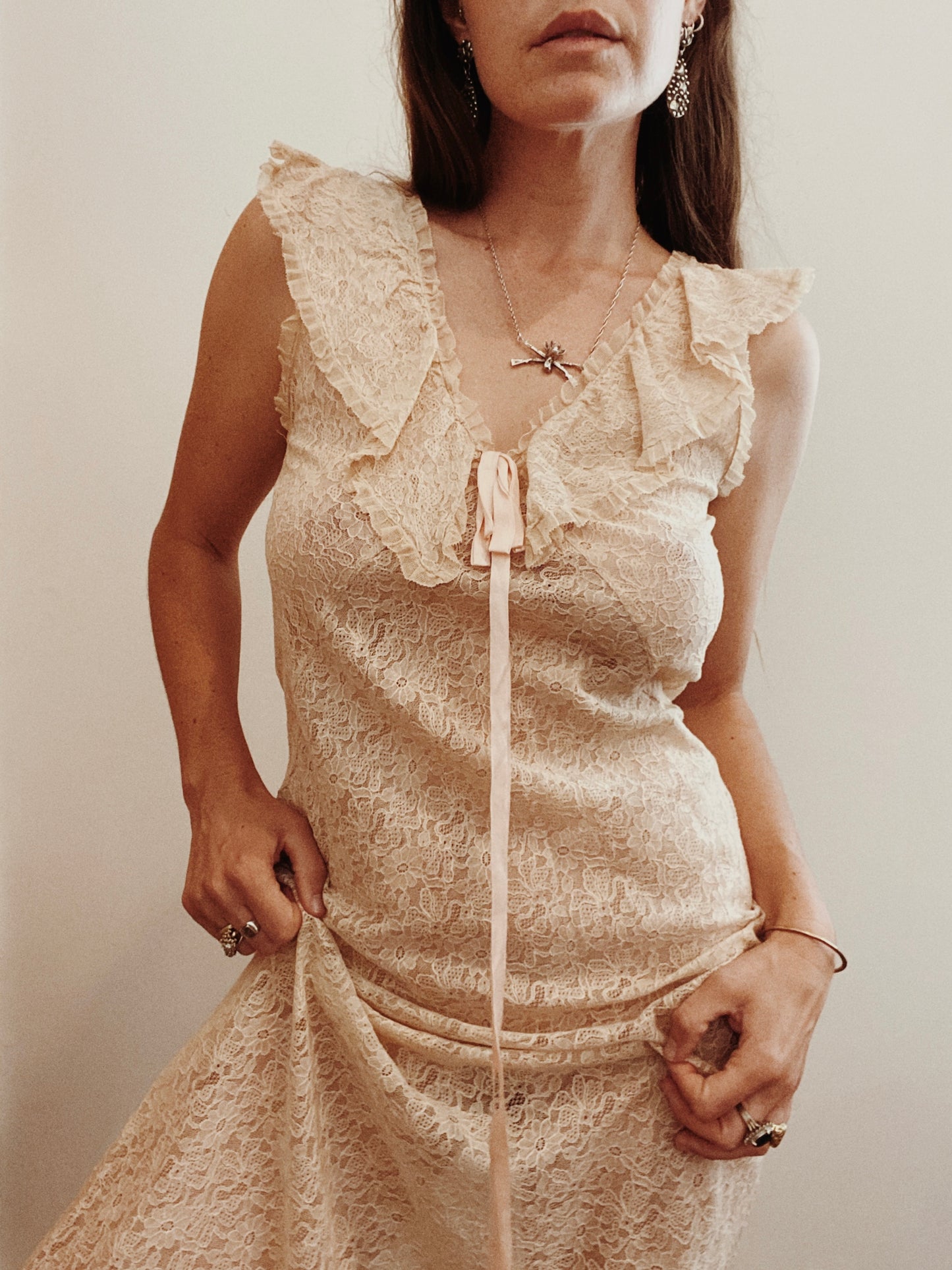 1930s Pristine French Lace Bias Cut Slip Dress- M