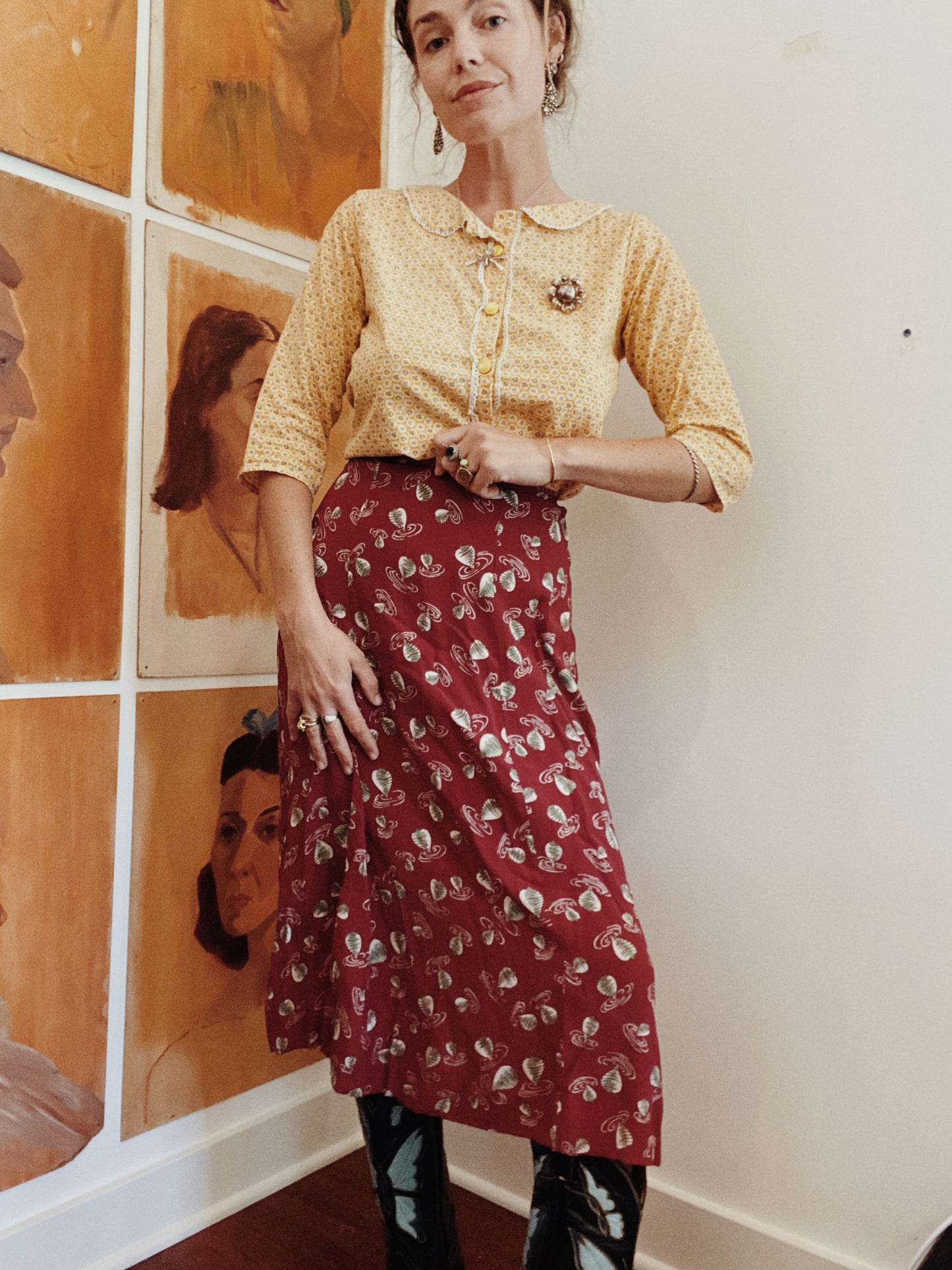 1940s Novelty Print Twirling Top Rayon Skirt Set- S/M