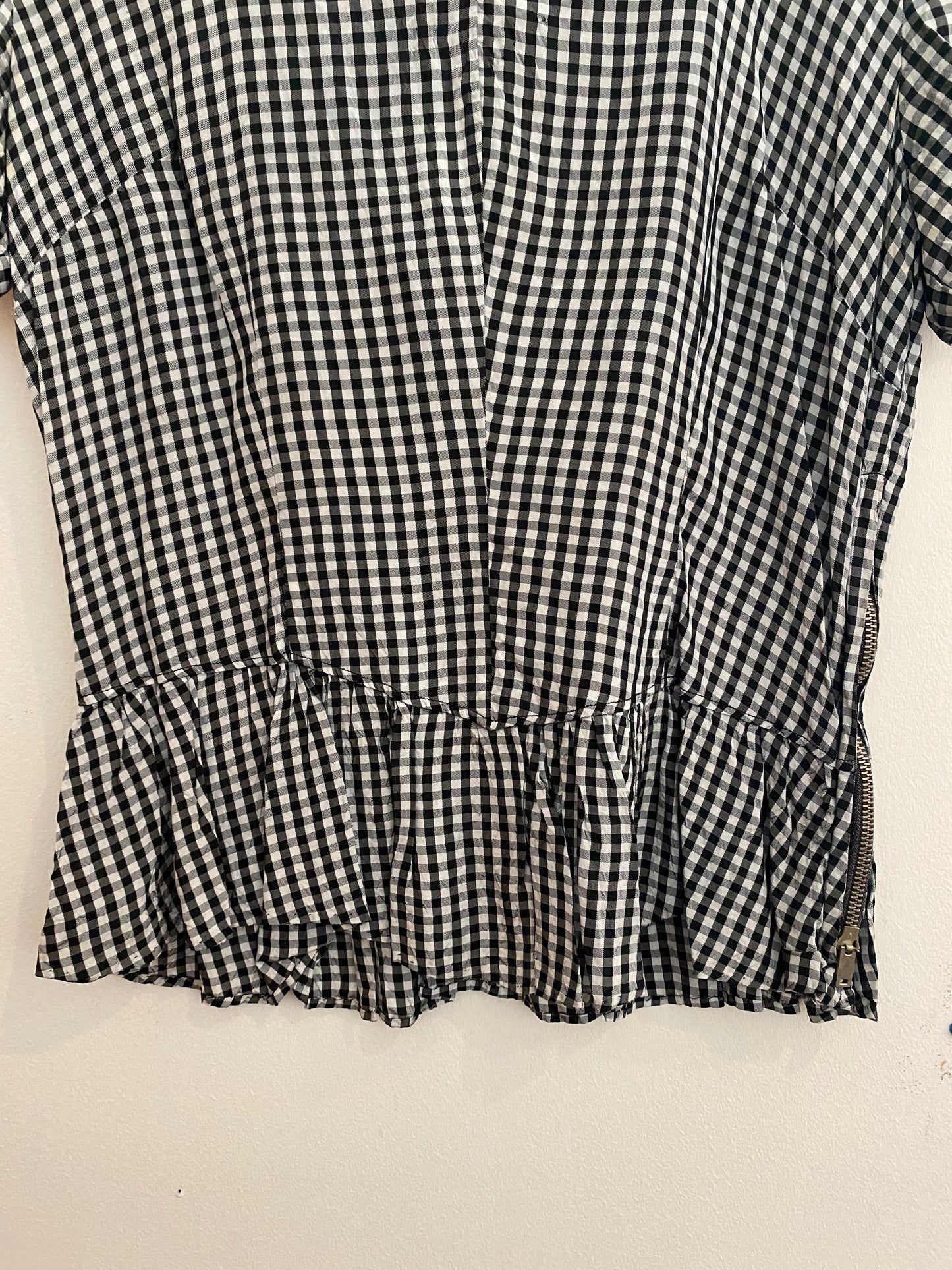 1940s Gingham Side Zip Rayon Peplum Blouse- M