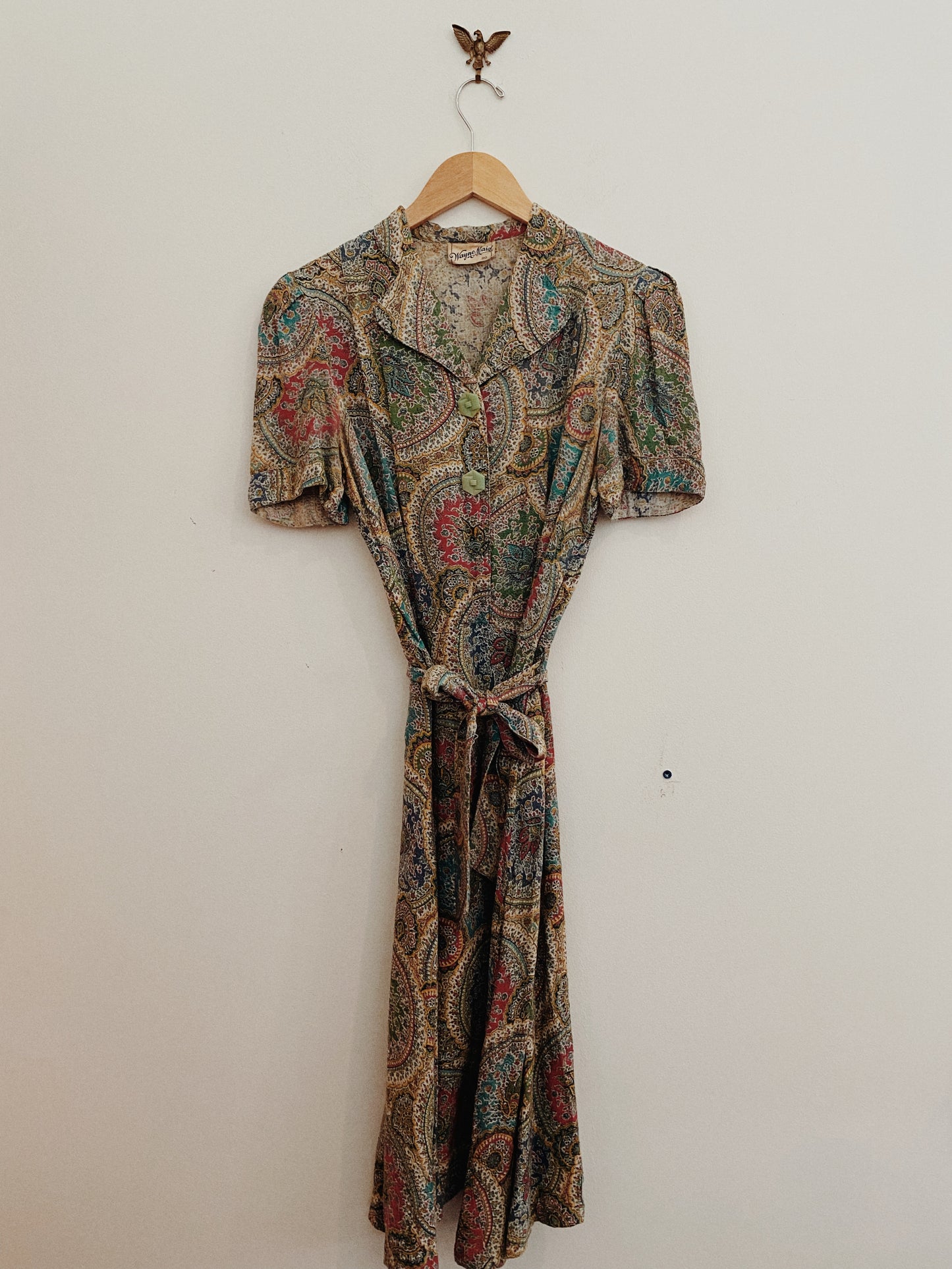 1930s Paisley Cotton Day Dress w/ Minty Buttons- M/L