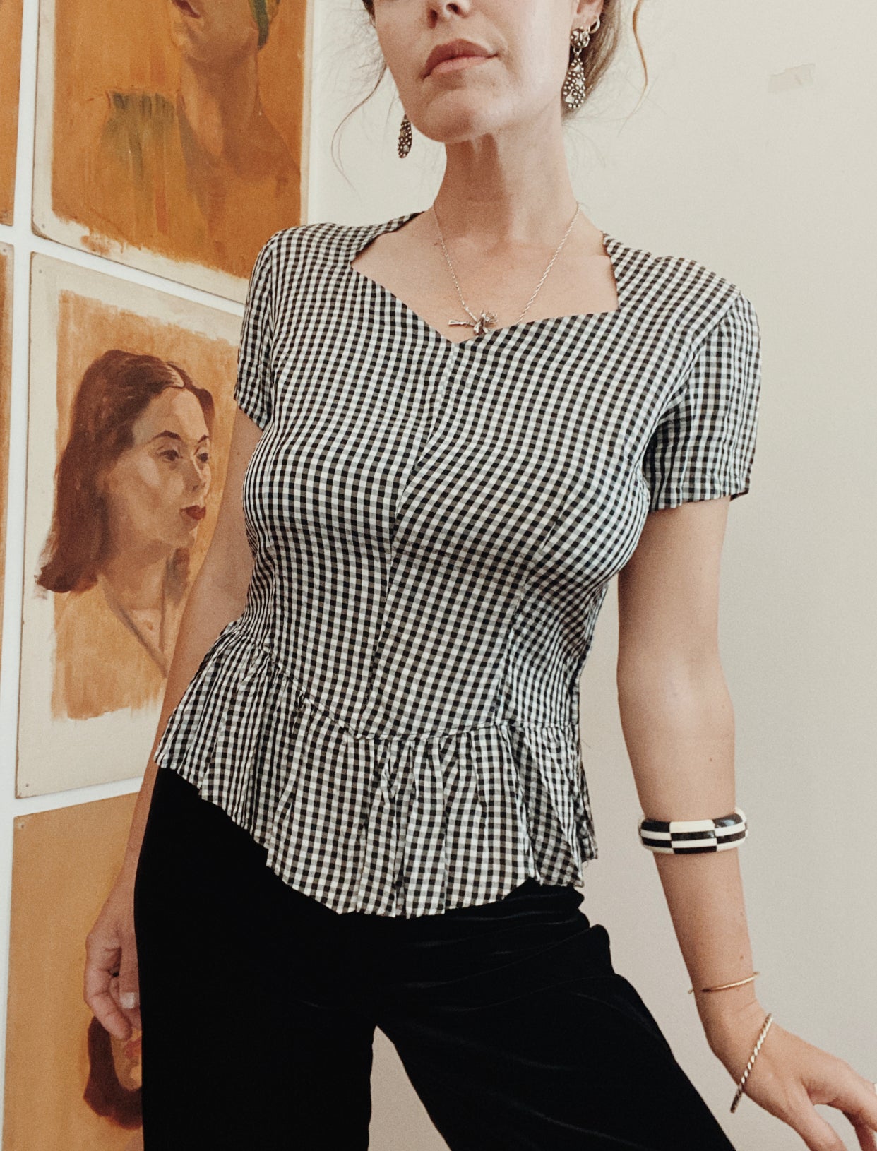 1940s Gingham Side Zip Rayon Peplum Blouse- M