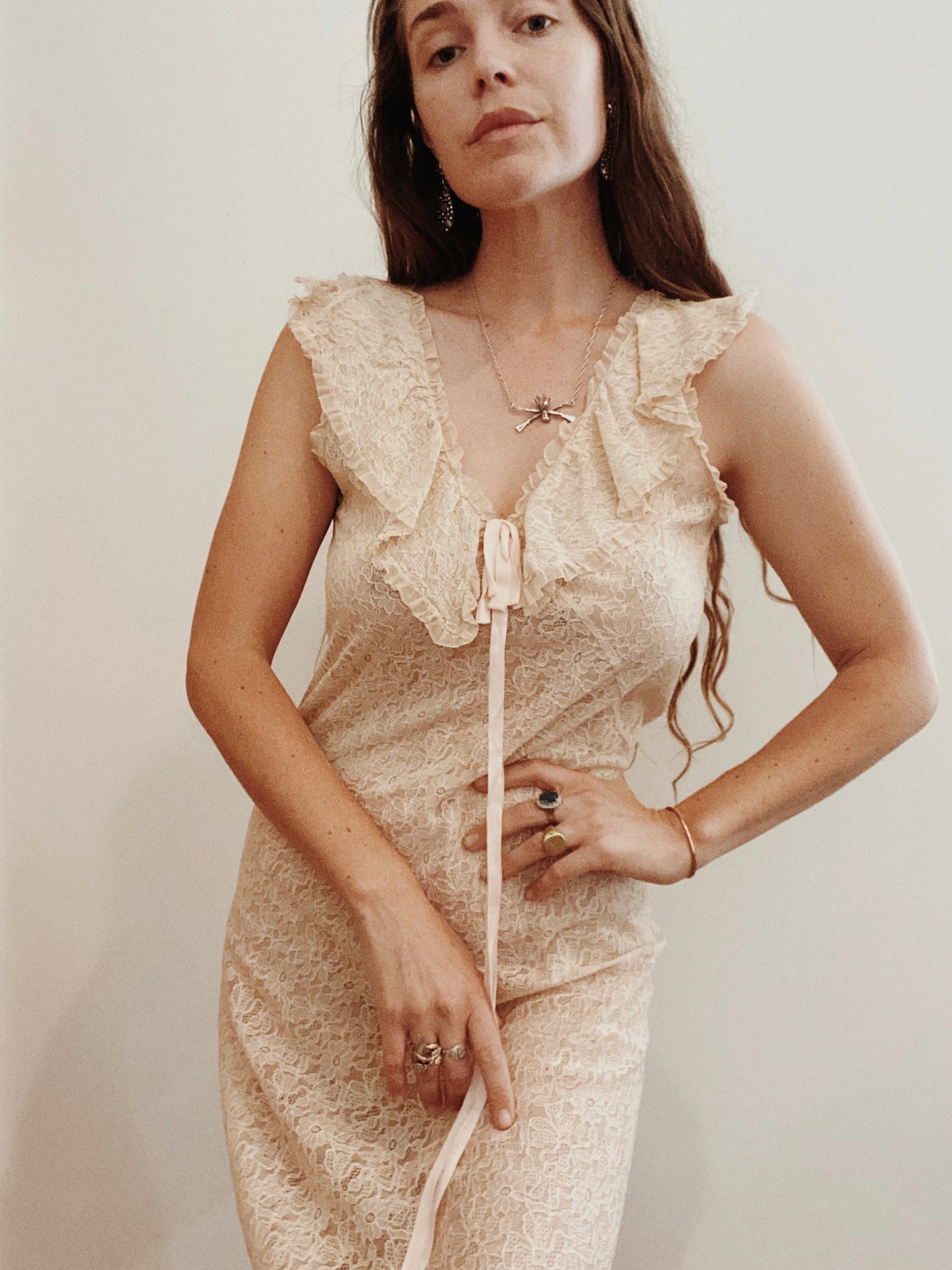 1930s Pristine French Lace Bias Cut Slip Dress- M