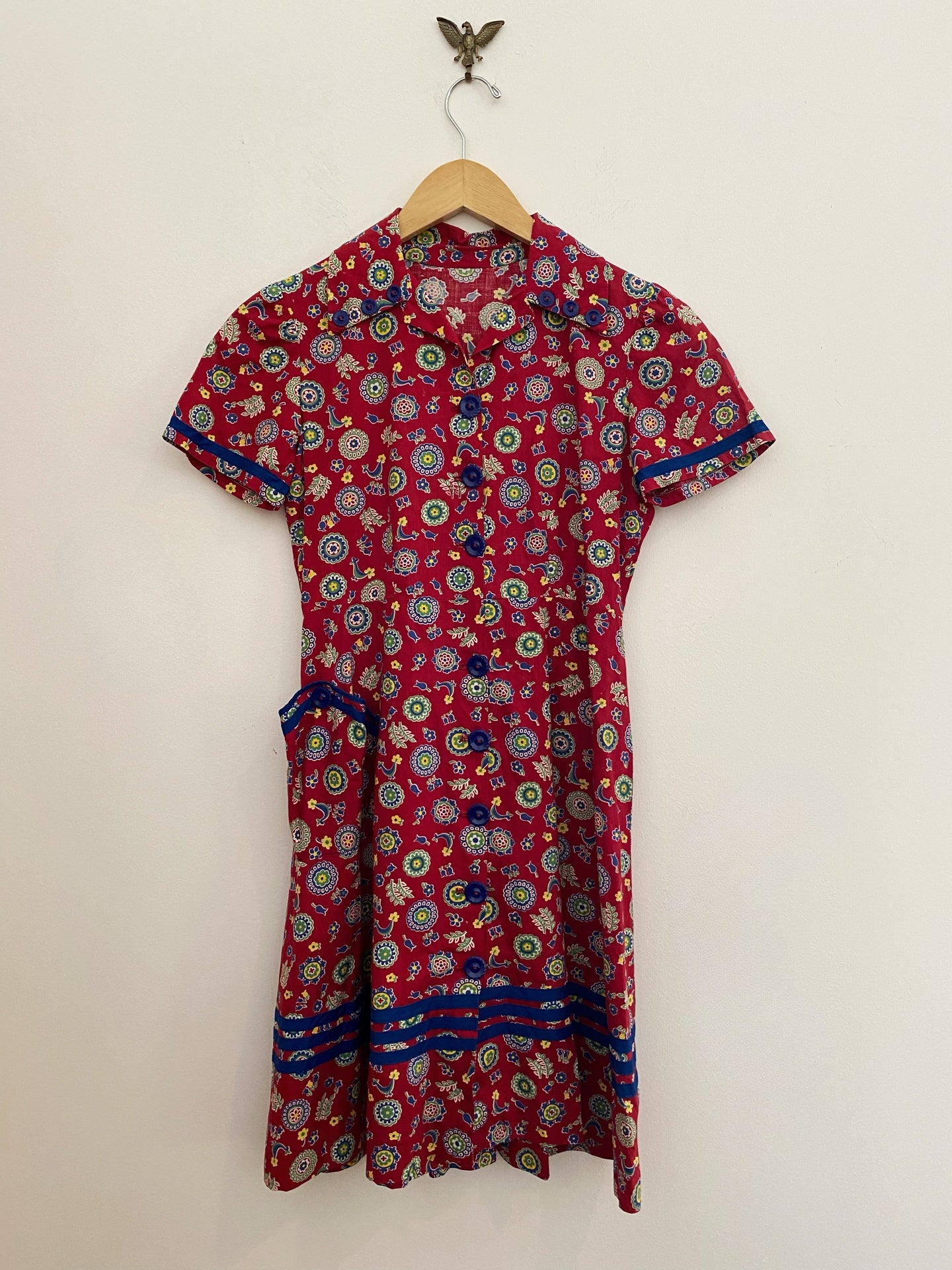 1930s Folk Print Cotton Babydoll Dress- XS/S