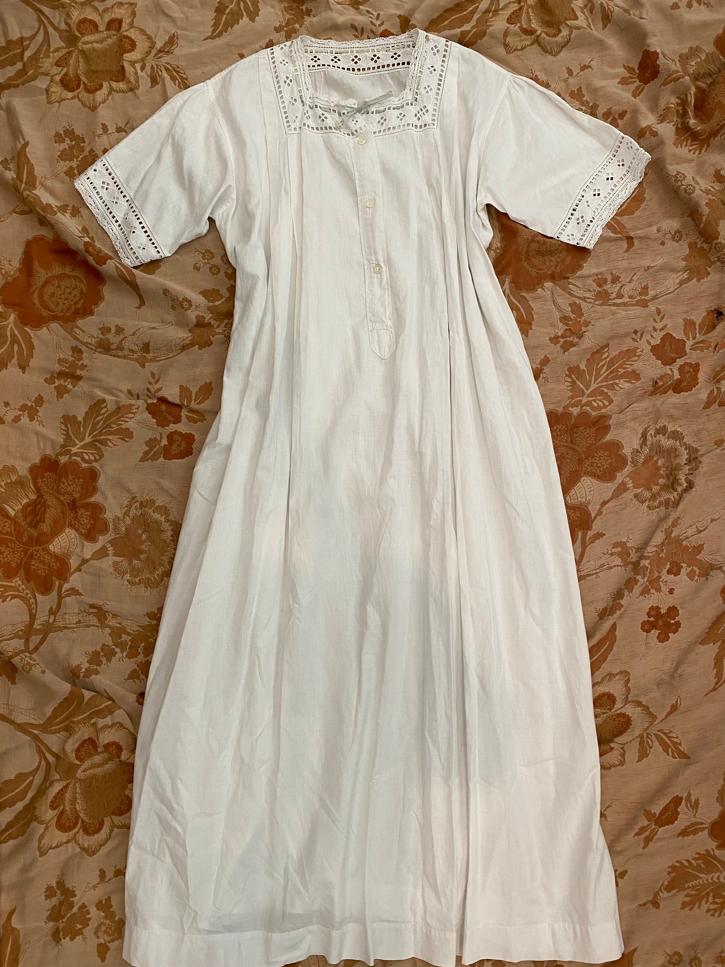 Antique French Eyelet Nightgown w/ Sage Ribbon- S