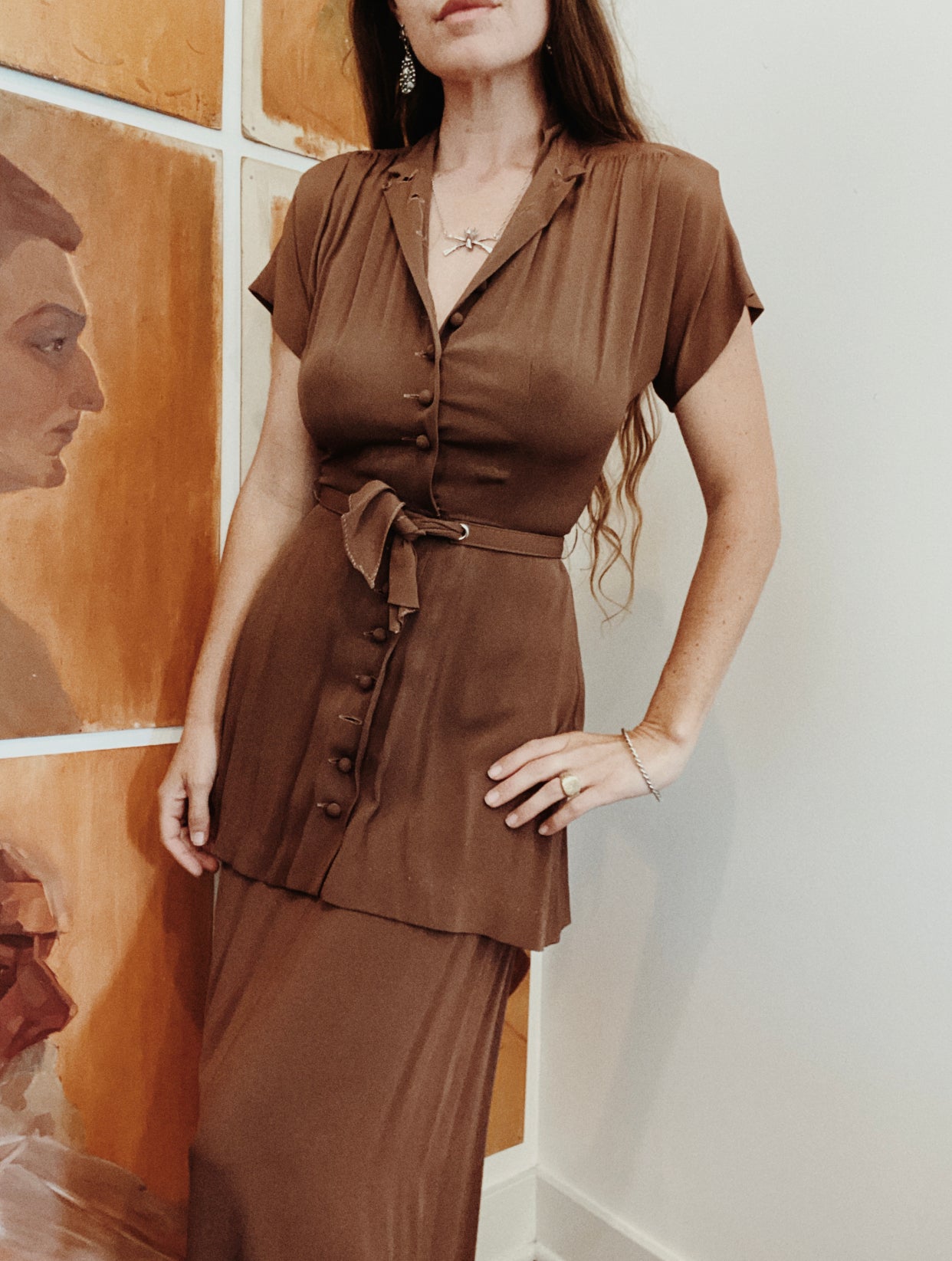 1940s Tiered Brown Rayon Dress w/ Belt- S/M