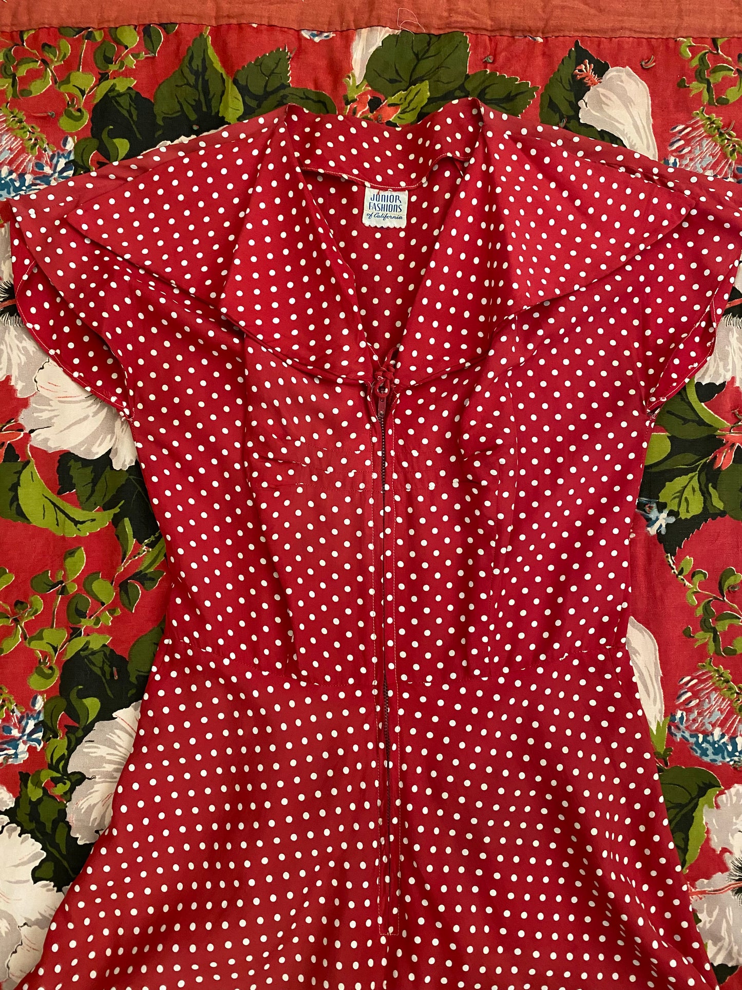 1940s Polka Dot Rayon Zipper Front Day Dress- S