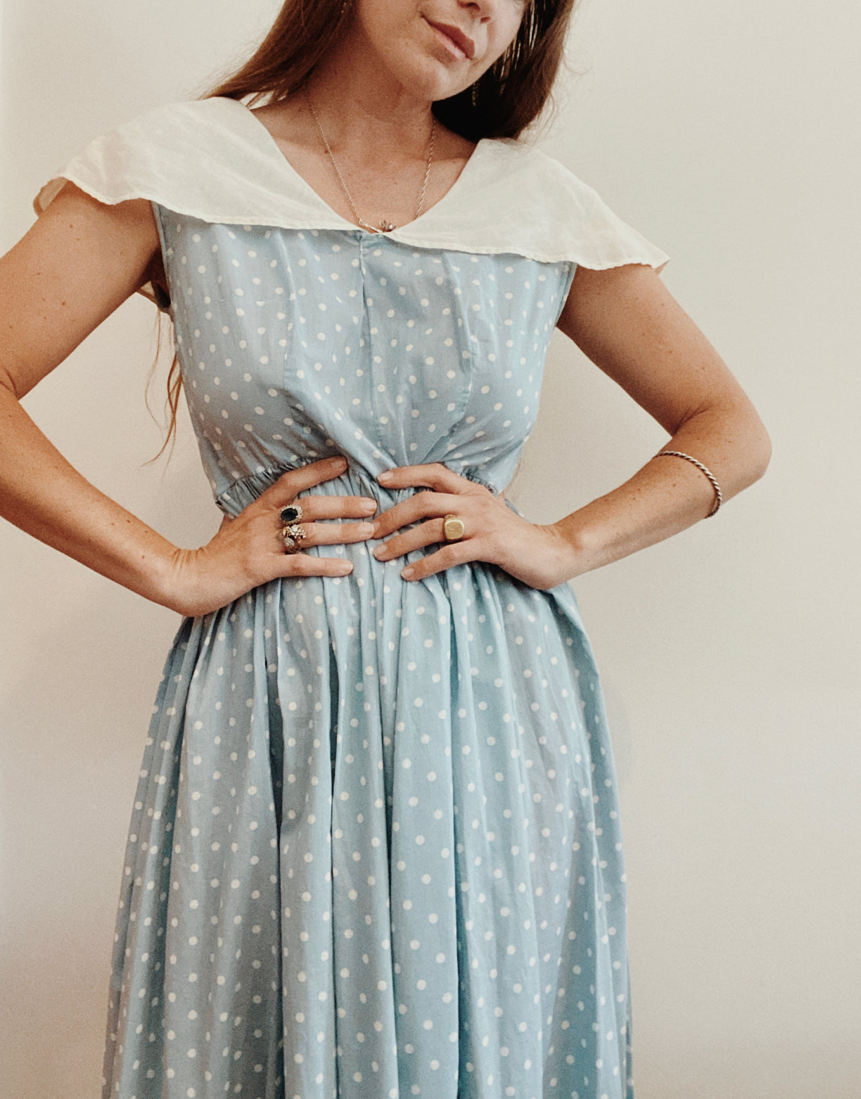 1940s Baby Blue Cotton Polka Dot Maxi Dress w/ Shawl Collar- L