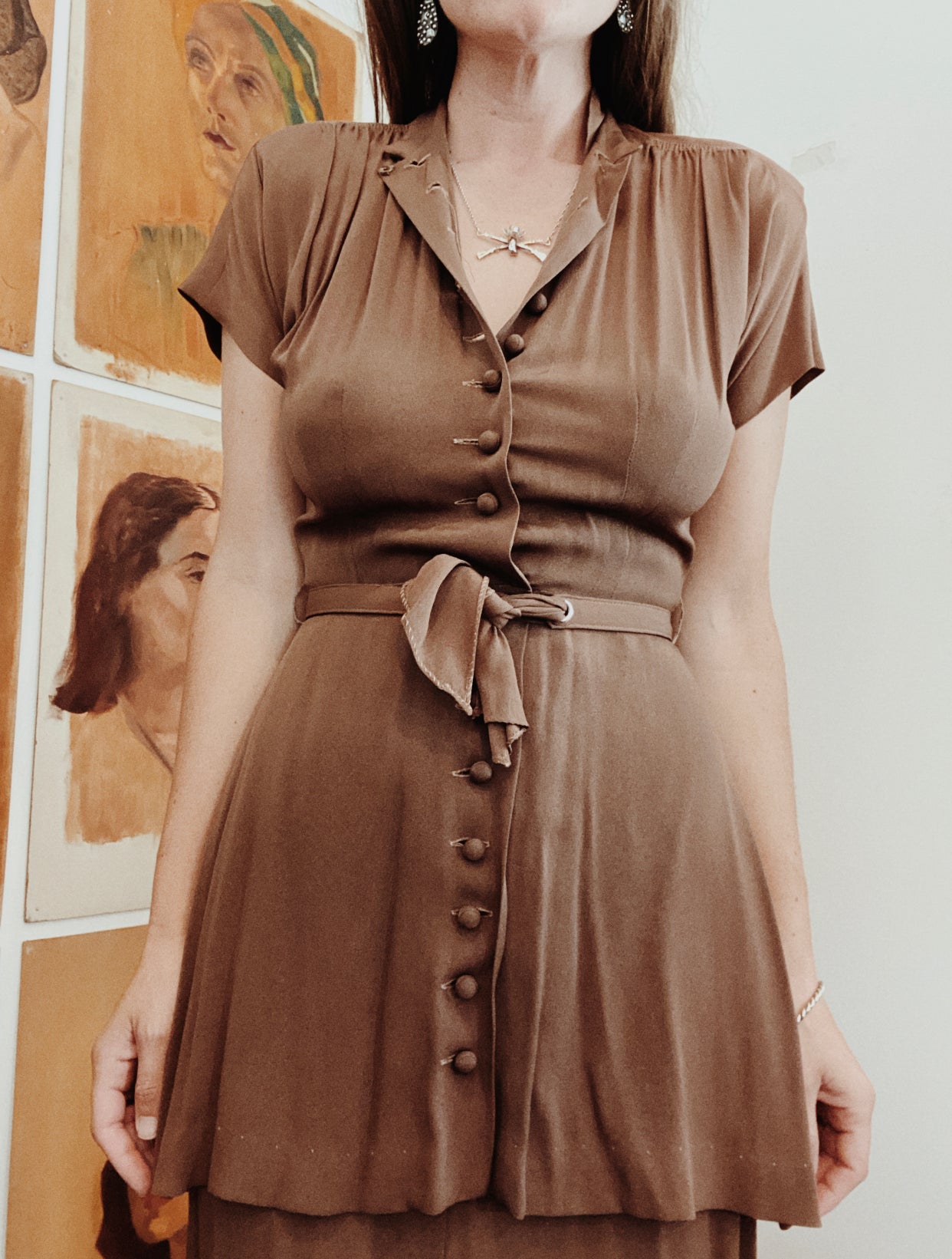 1940s Tiered Brown Rayon Dress w/ Belt- S/M