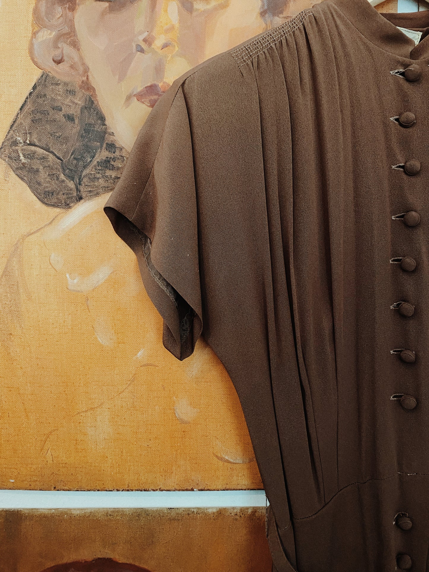 1940s Tiered Brown Rayon Dress w/ Belt- S/M