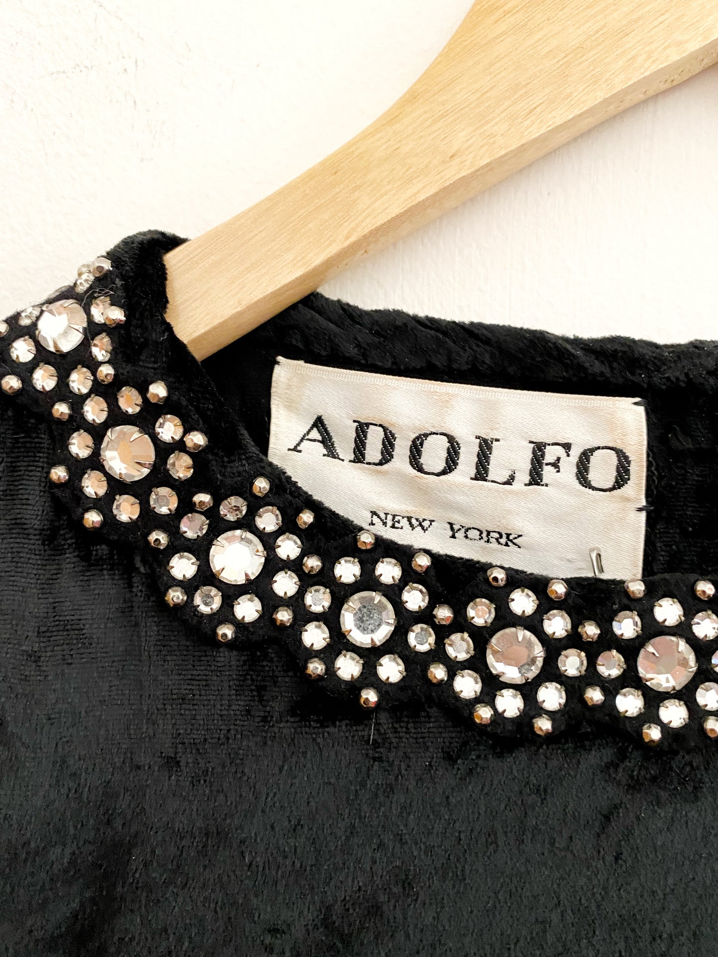 1970s Adolfo Velvet + Rhinestone Evening Sheath Dress- M/L