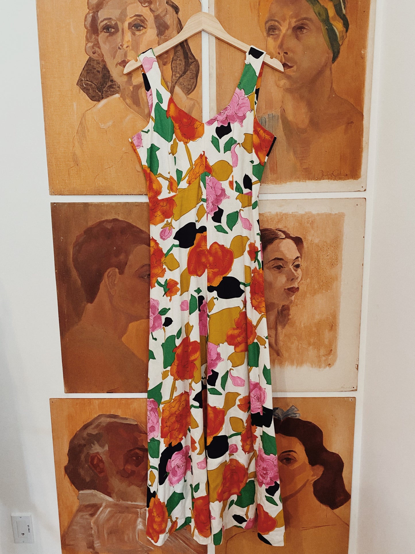 1950s/60s Julie Mills Bark Cloth Floral Maxi Dress- 8/10