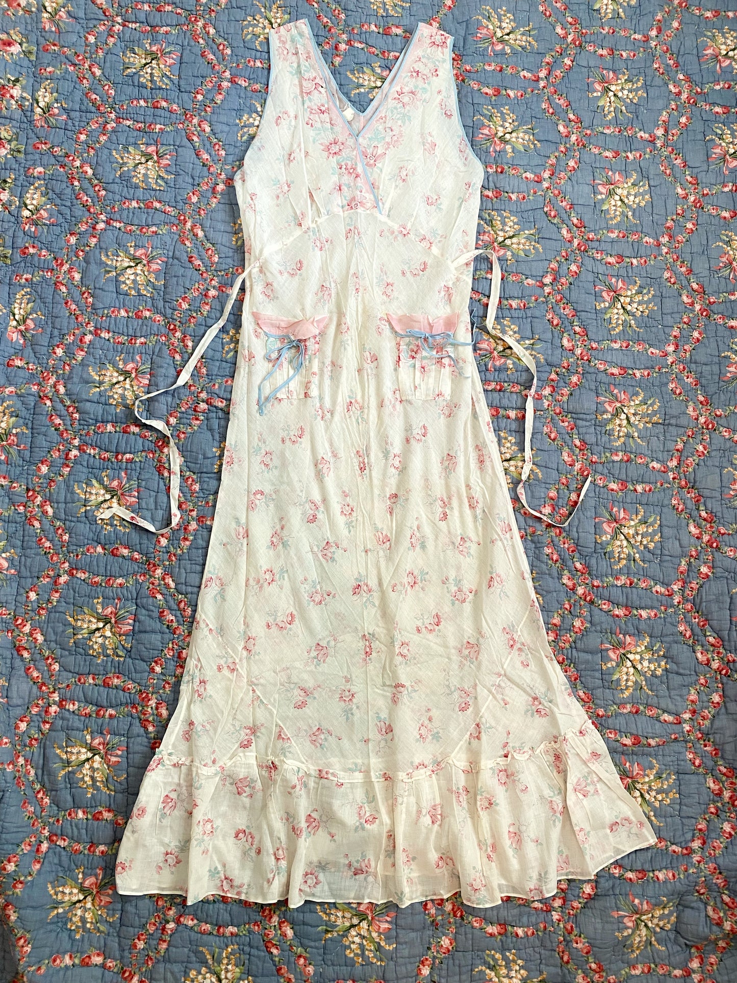 1930s Floral Cotton Gauze Bias Cut Maxi Dress- M/L