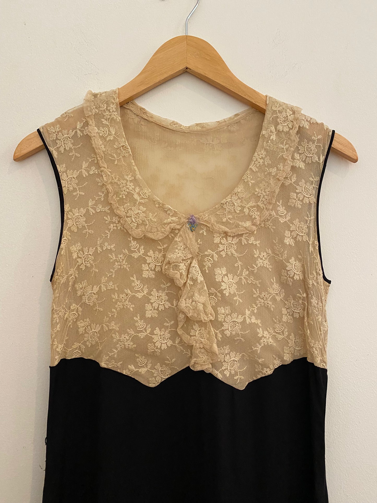 1930s Black Rayon + Ecru Lace Dress- S/M