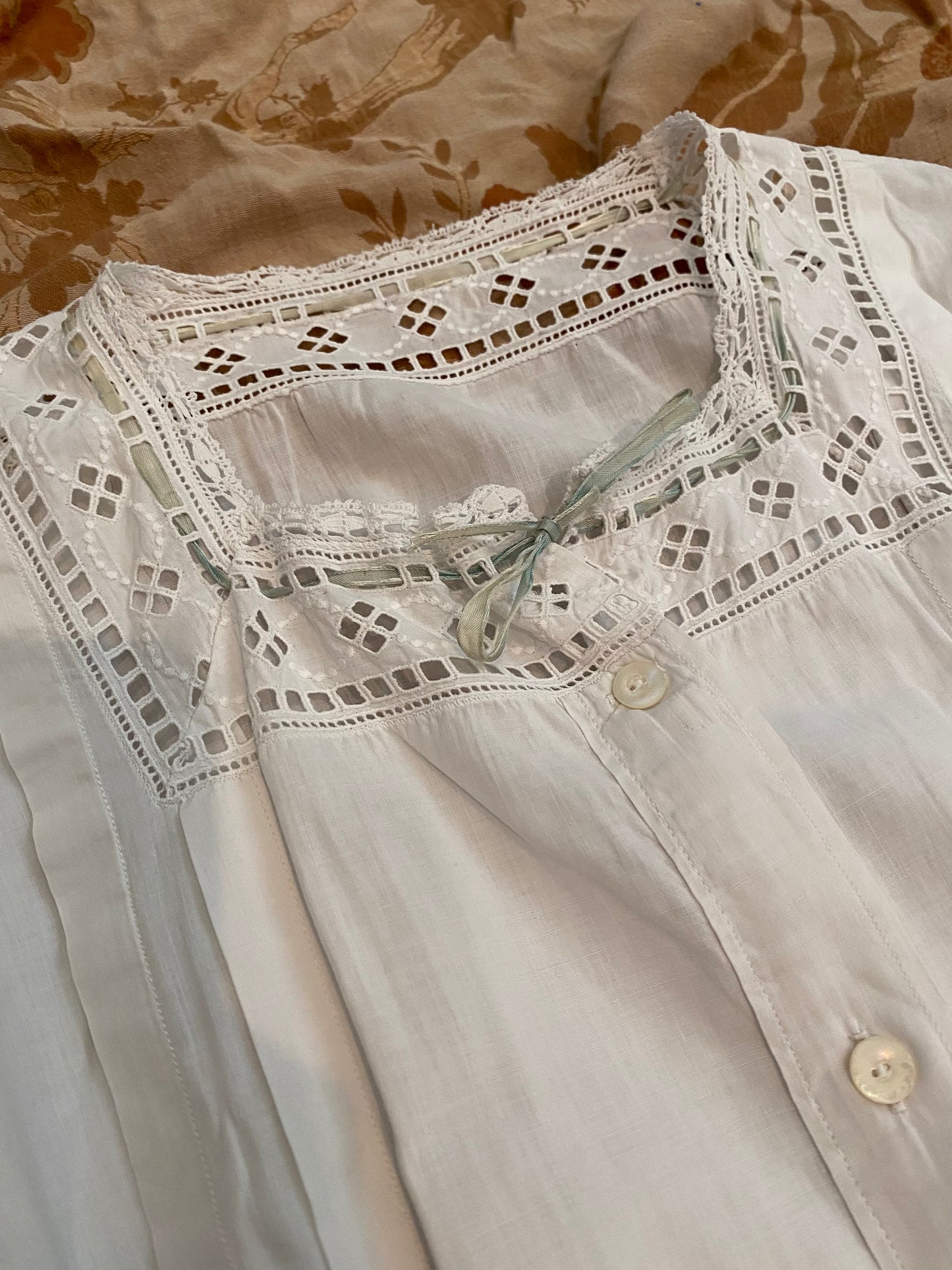 Antique French Eyelet Nightgown w/ Sage Ribbon- S