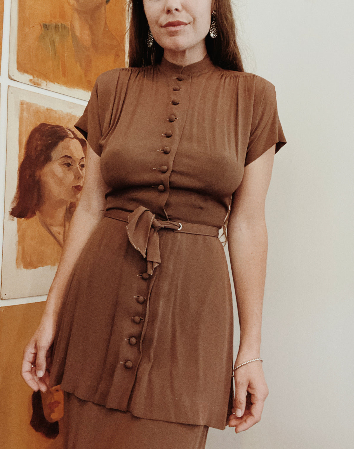 1940s Tiered Brown Rayon Dress w/ Belt- S/M