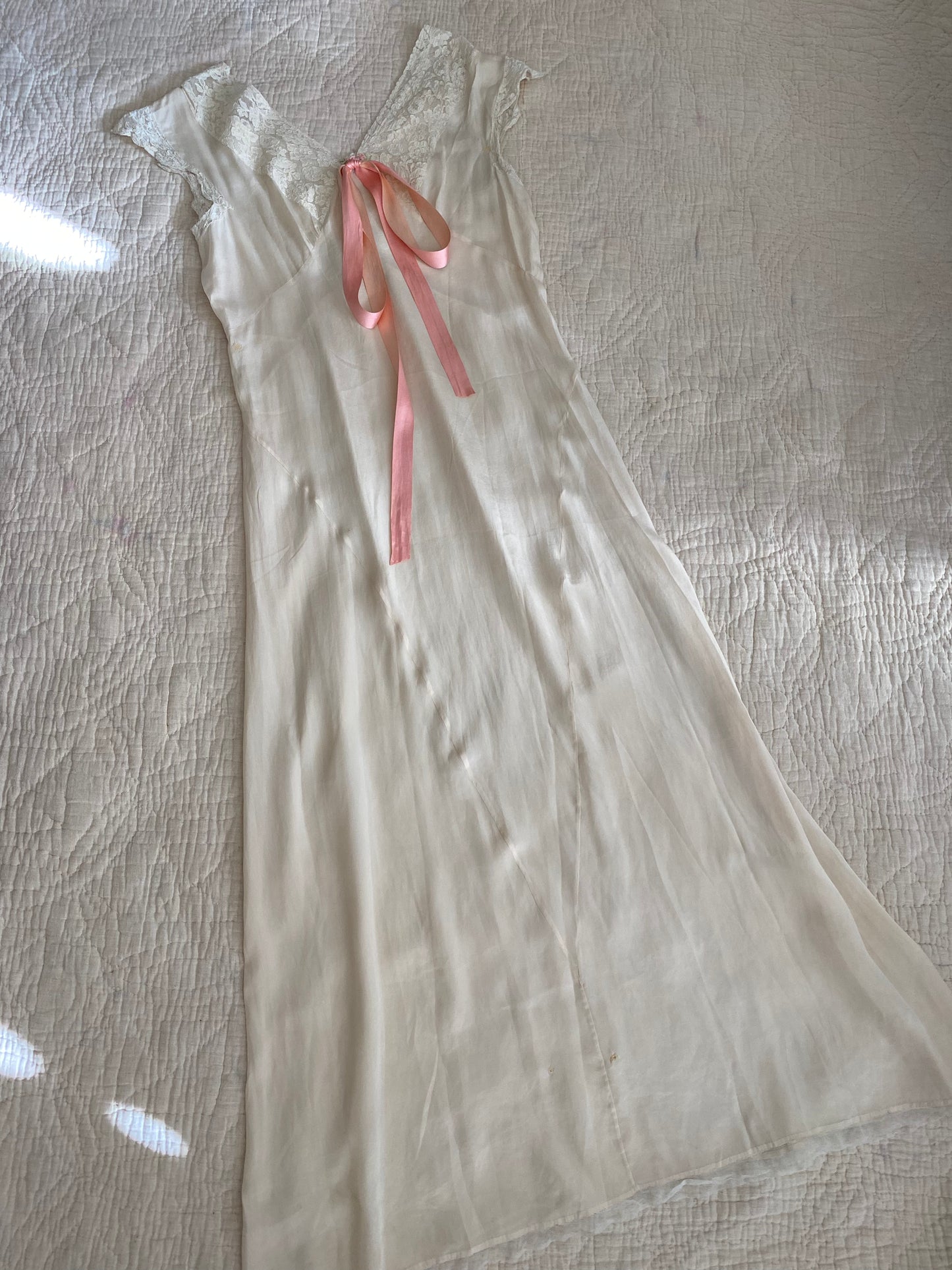 1930s Creme Silk + Lace Bias Cut Slip Dress w/ Rosettes- L