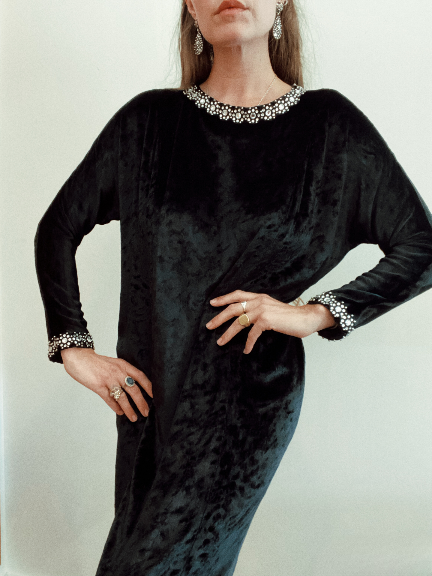 1970s Adolfo Velvet + Rhinestone Evening Sheath Dress- M/L