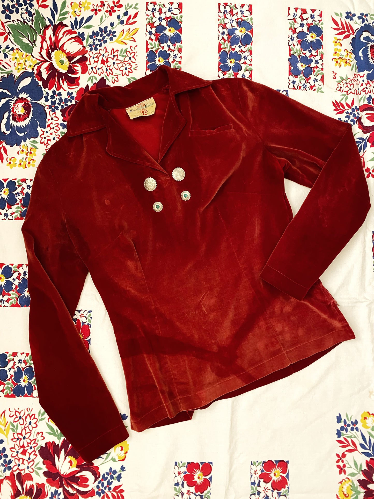 1950s Cabernet Velveteen Blouse w/ Silver + Turquoise Conchos- S/M