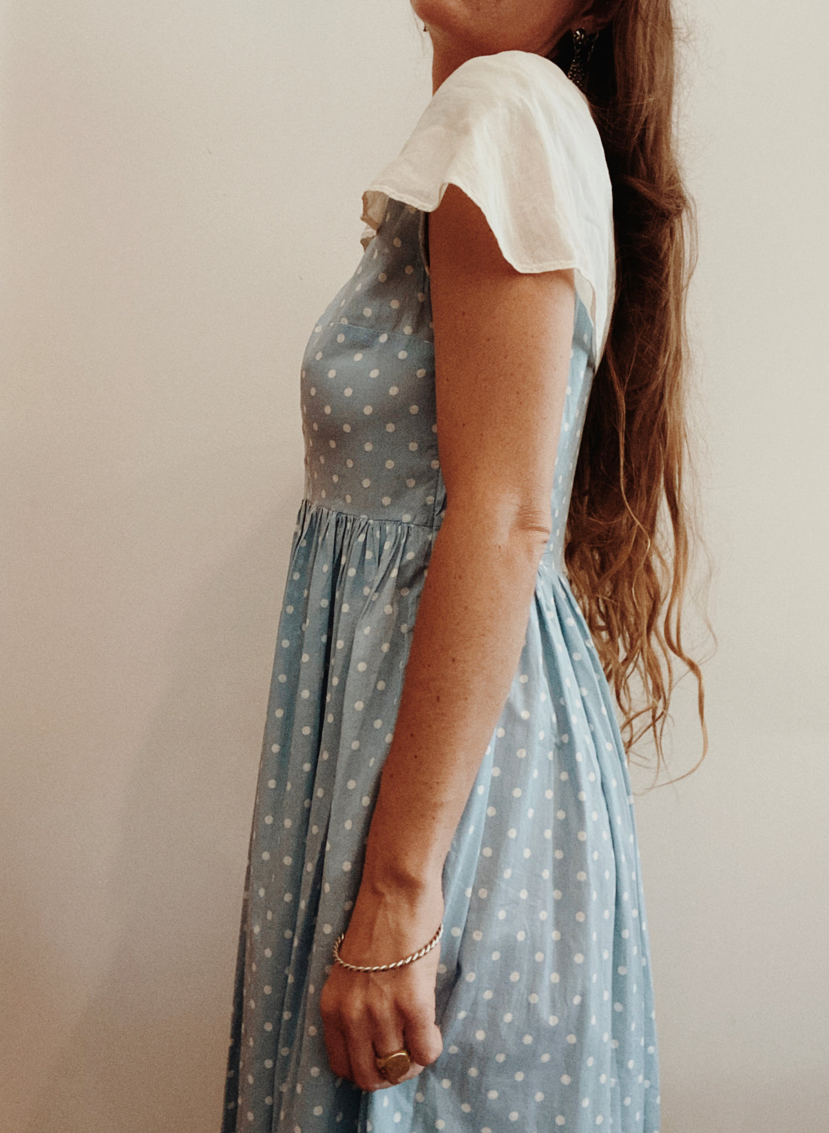 1940s Baby Blue Cotton Polka Dot Maxi Dress w/ Shawl Collar- L
