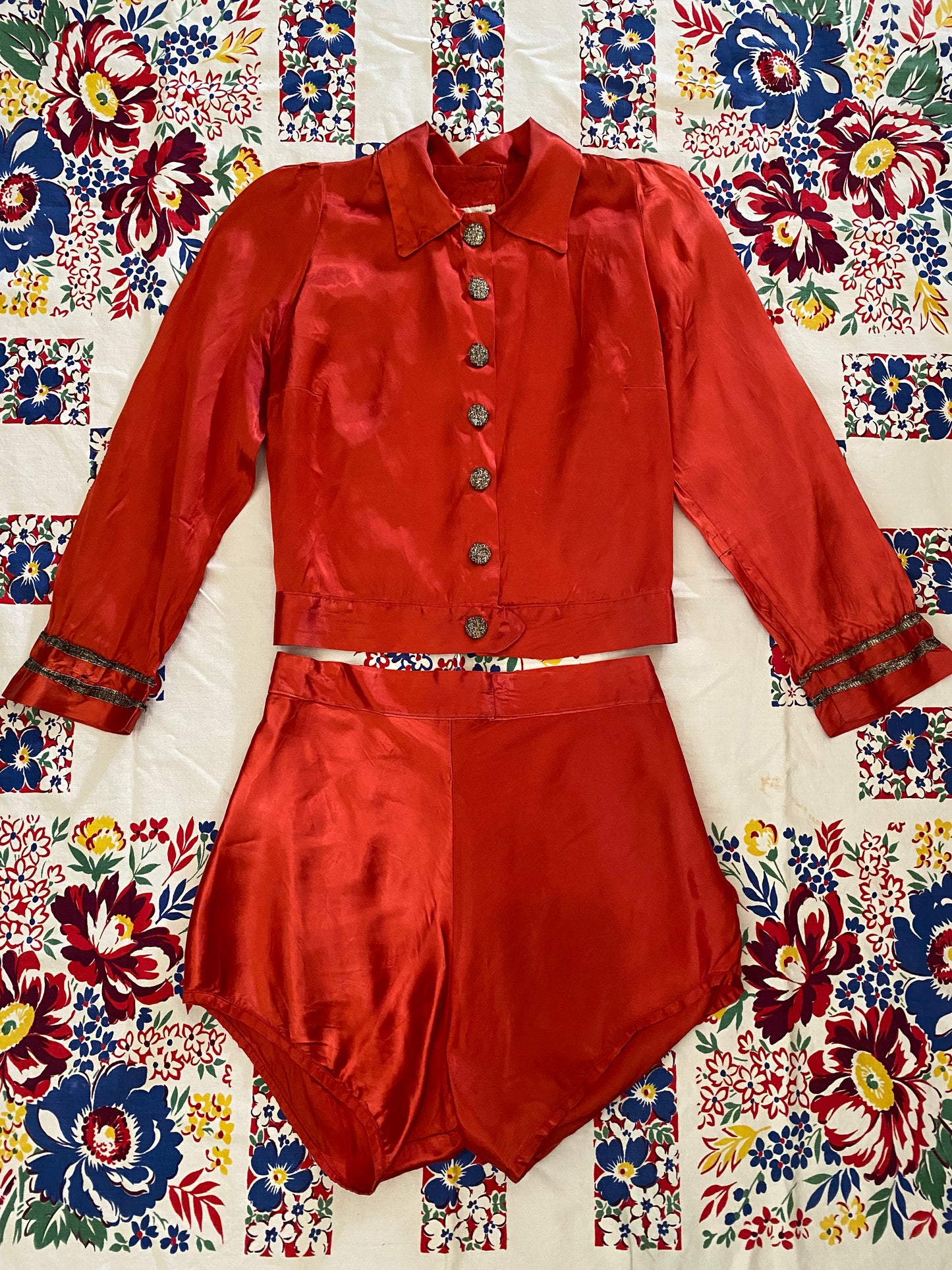1940s Cabernet Red Satin Rayon Short Show Set- M