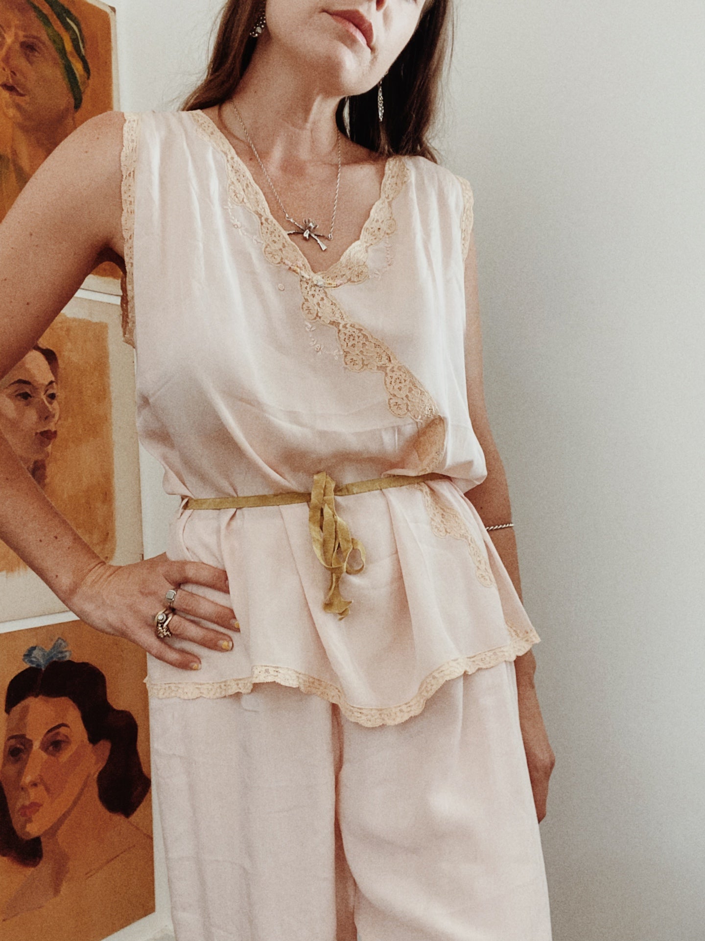 Darling 1920s Blush Silk Top w/ Rosettes + Embroidery- M/L