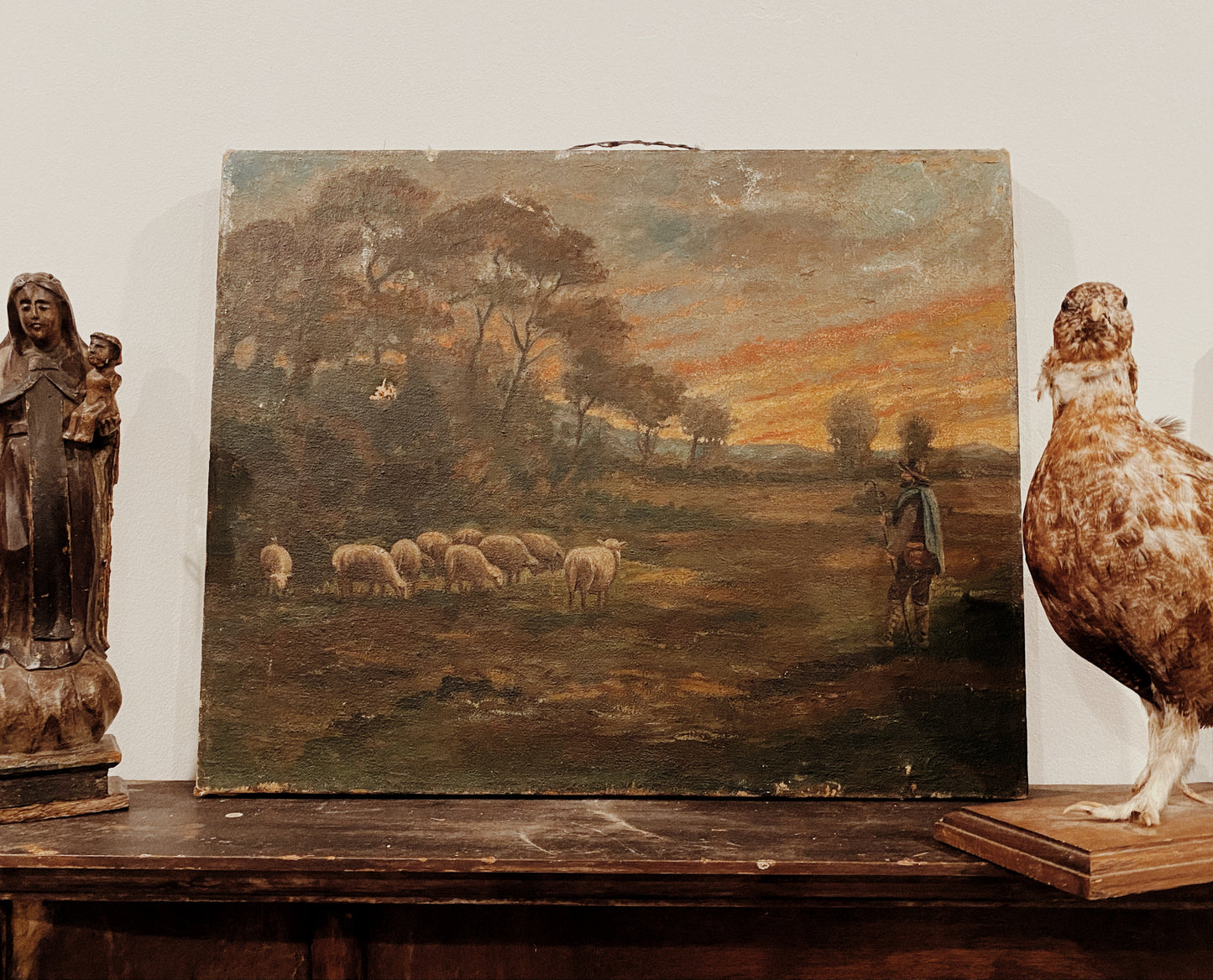Antique Pastoral Sunset Scene Oil on Canvas- 16.5x20”