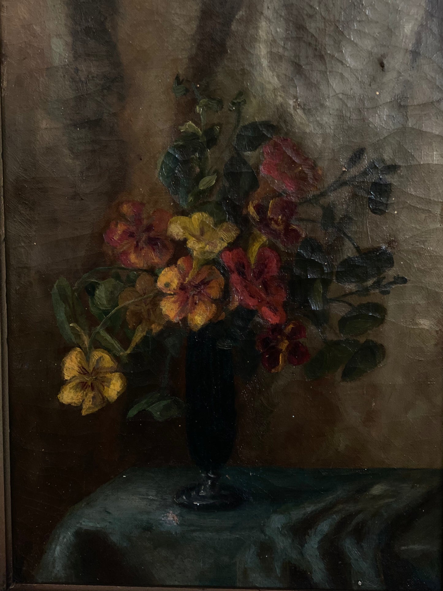 1920s/30s Nasturtium Antique Oil on Stretched Canvas- 13.5 x 17.5”