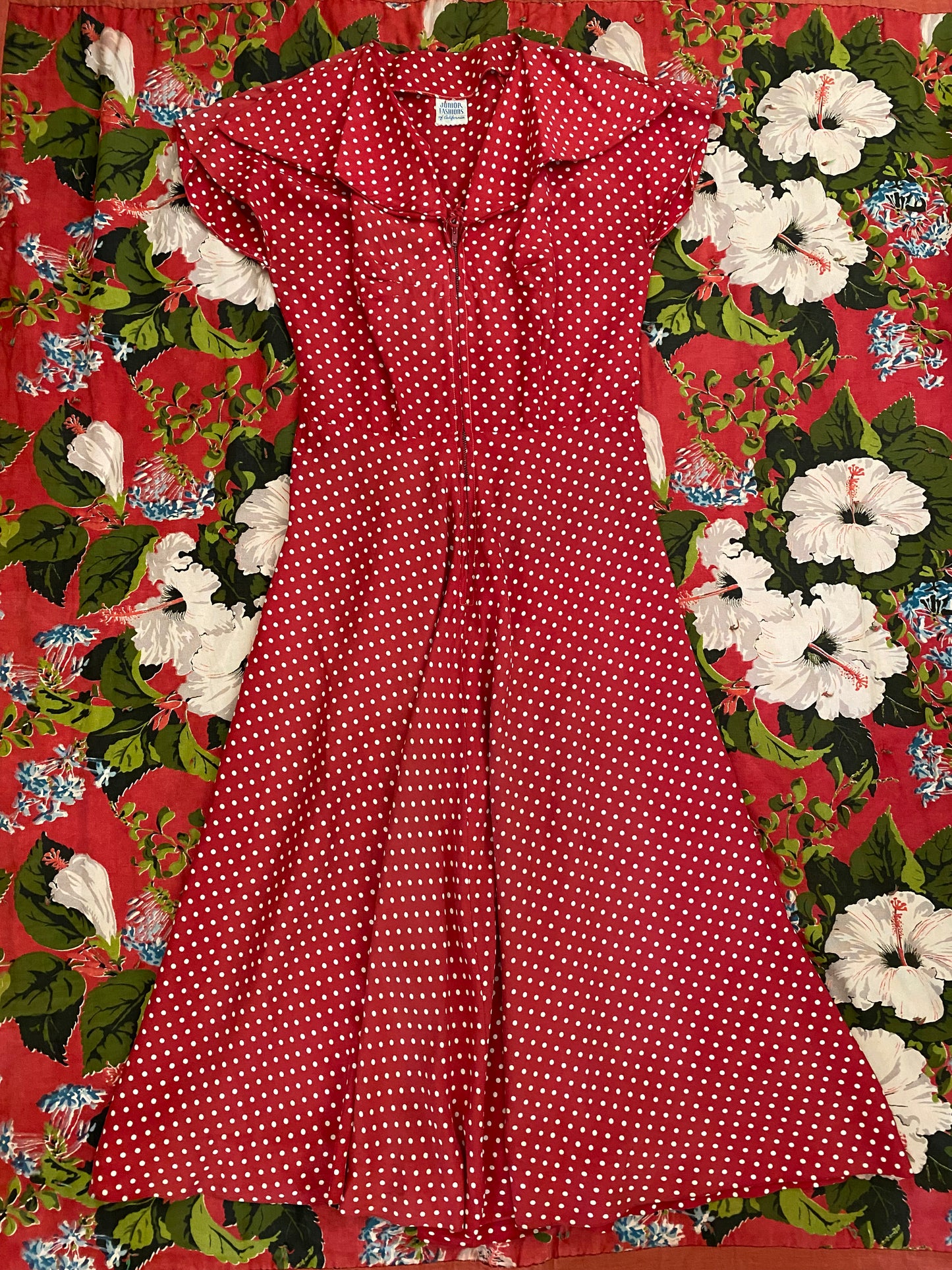 1940s Polka Dot Rayon Zipper Front Day Dress- S