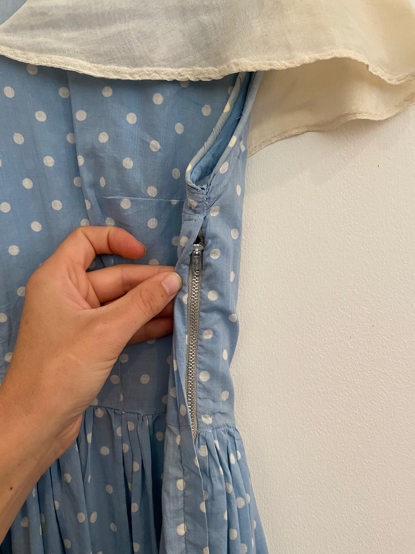 1940s Baby Blue Cotton Polka Dot Maxi Dress w/ Shawl Collar- L