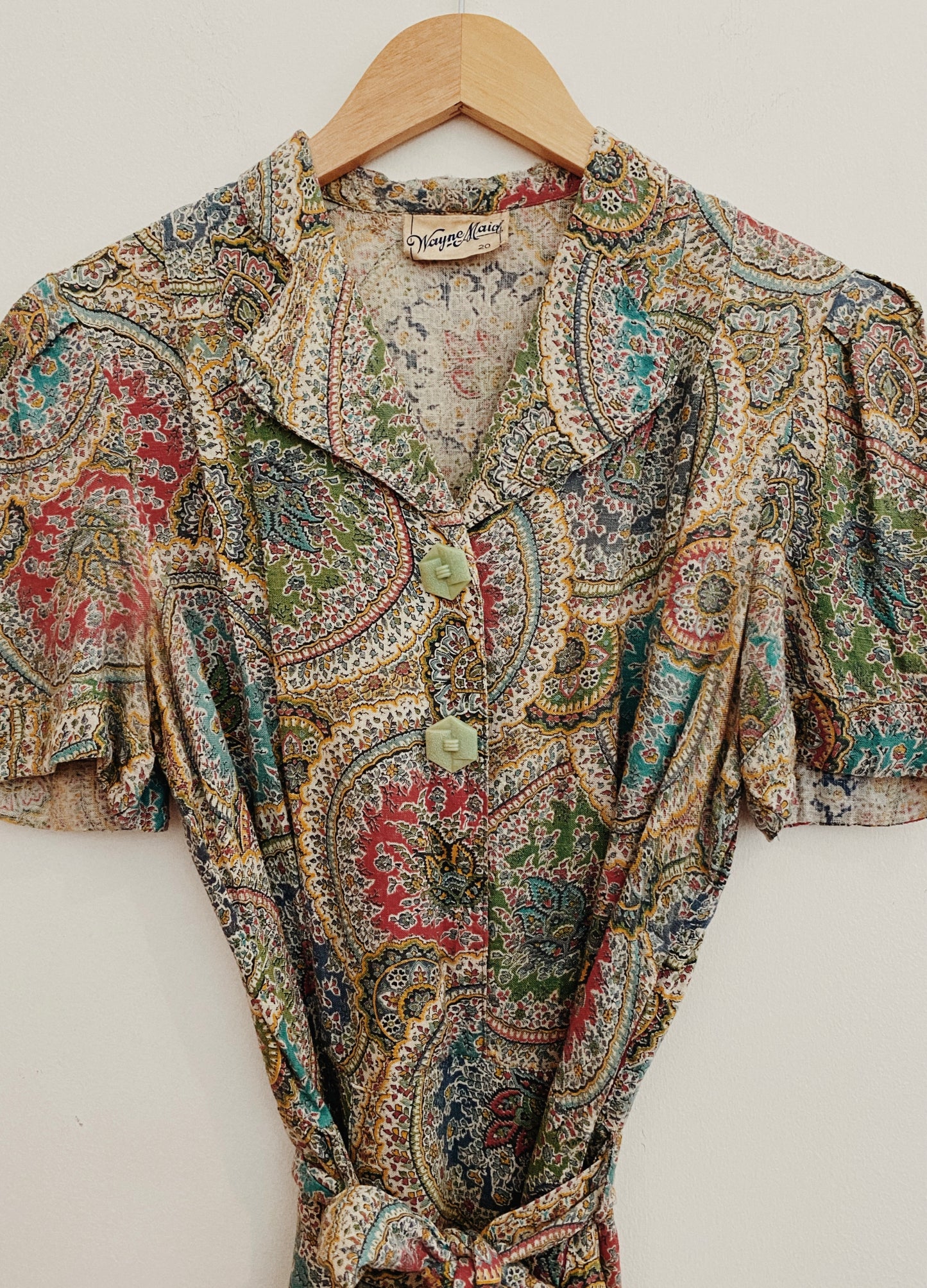 1930s Paisley Cotton Day Dress w/ Minty Buttons- M/L