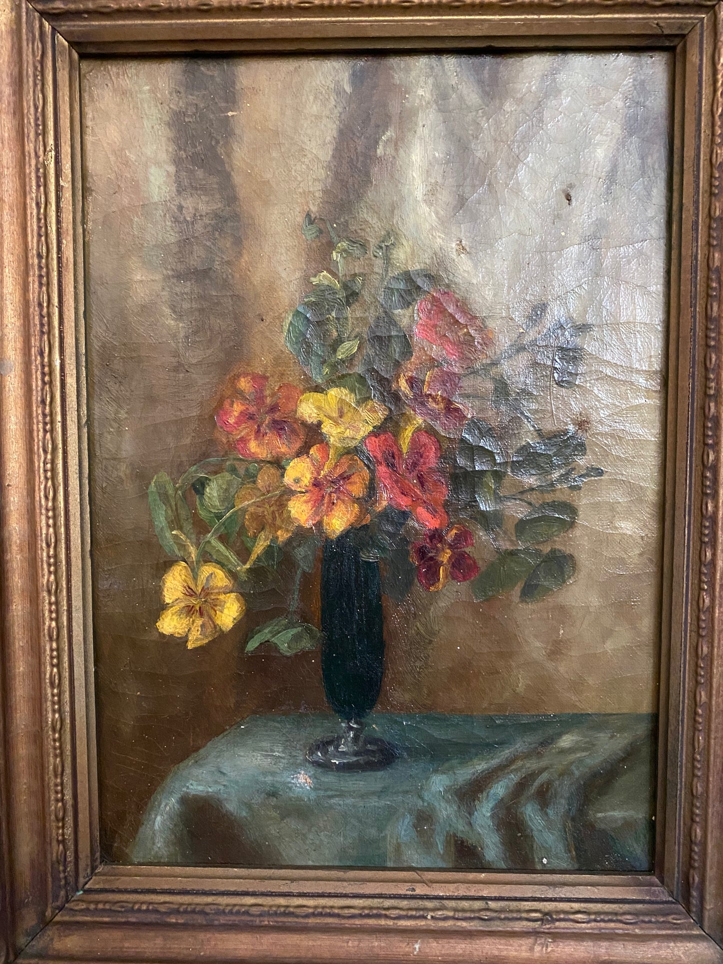 1920s/30s Nasturtium Antique Oil on Stretched Canvas- 13.5 x 17.5”