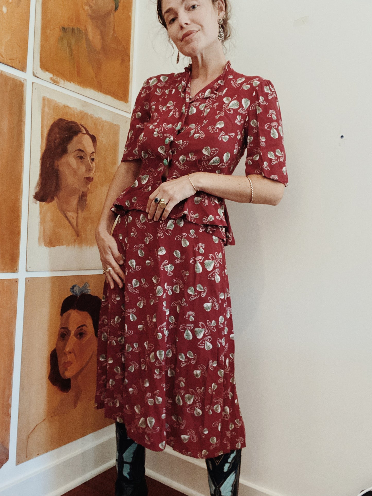 1940s Novelty Print Twirling Top Rayon Skirt Set- S/M