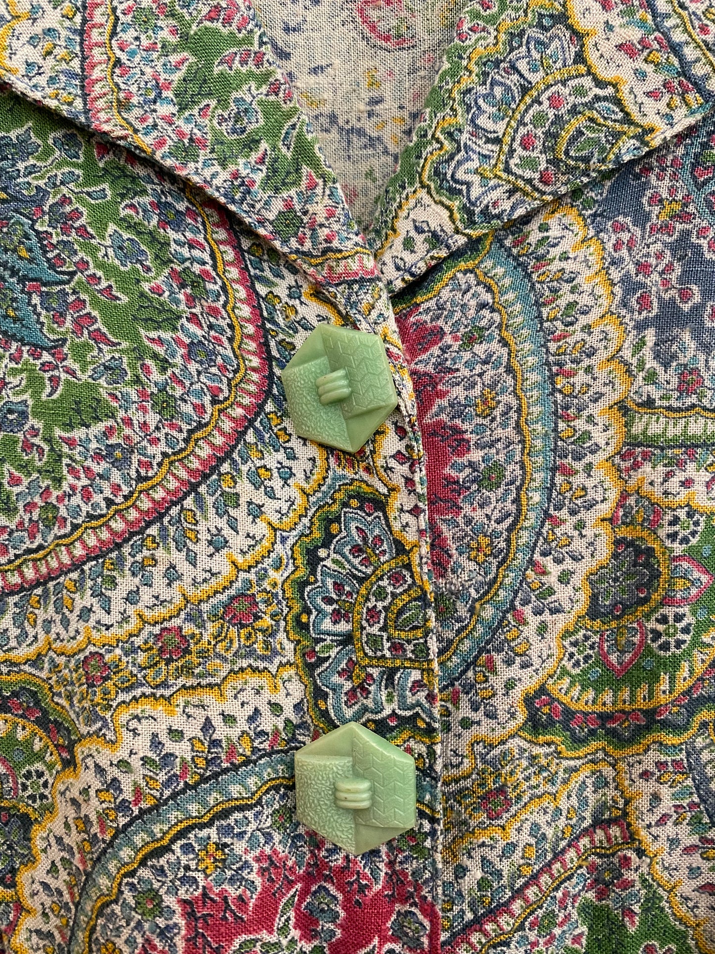 1930s Paisley Cotton Day Dress w/ Minty Buttons- M/L
