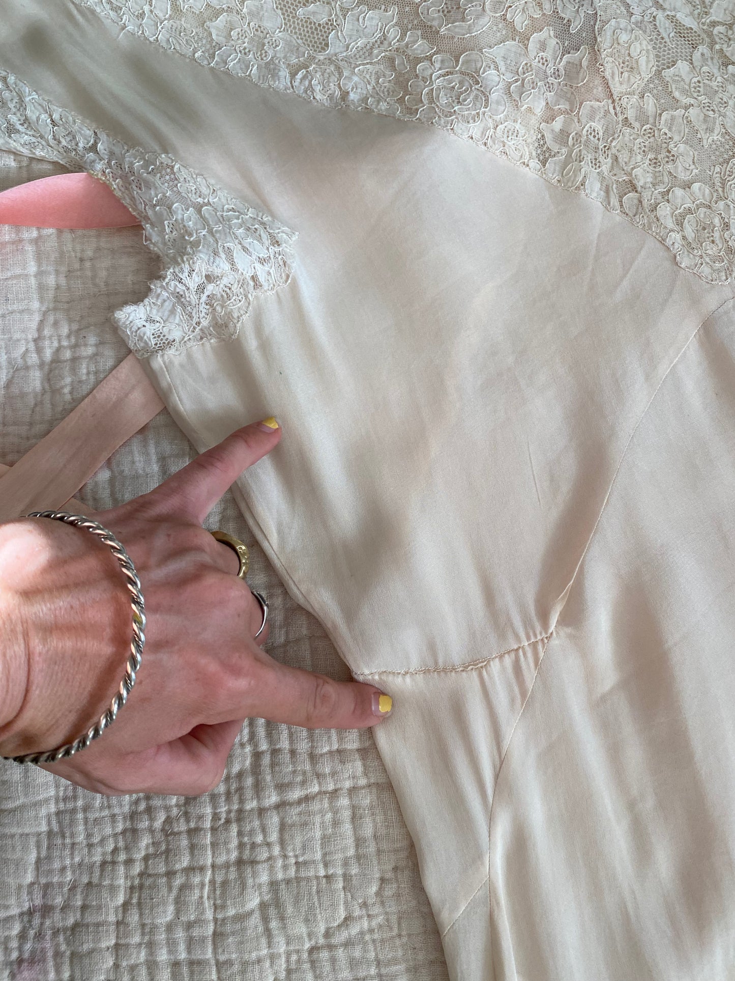 1930s Creme Silk + Lace Bias Cut Slip Dress w/ Rosettes- L