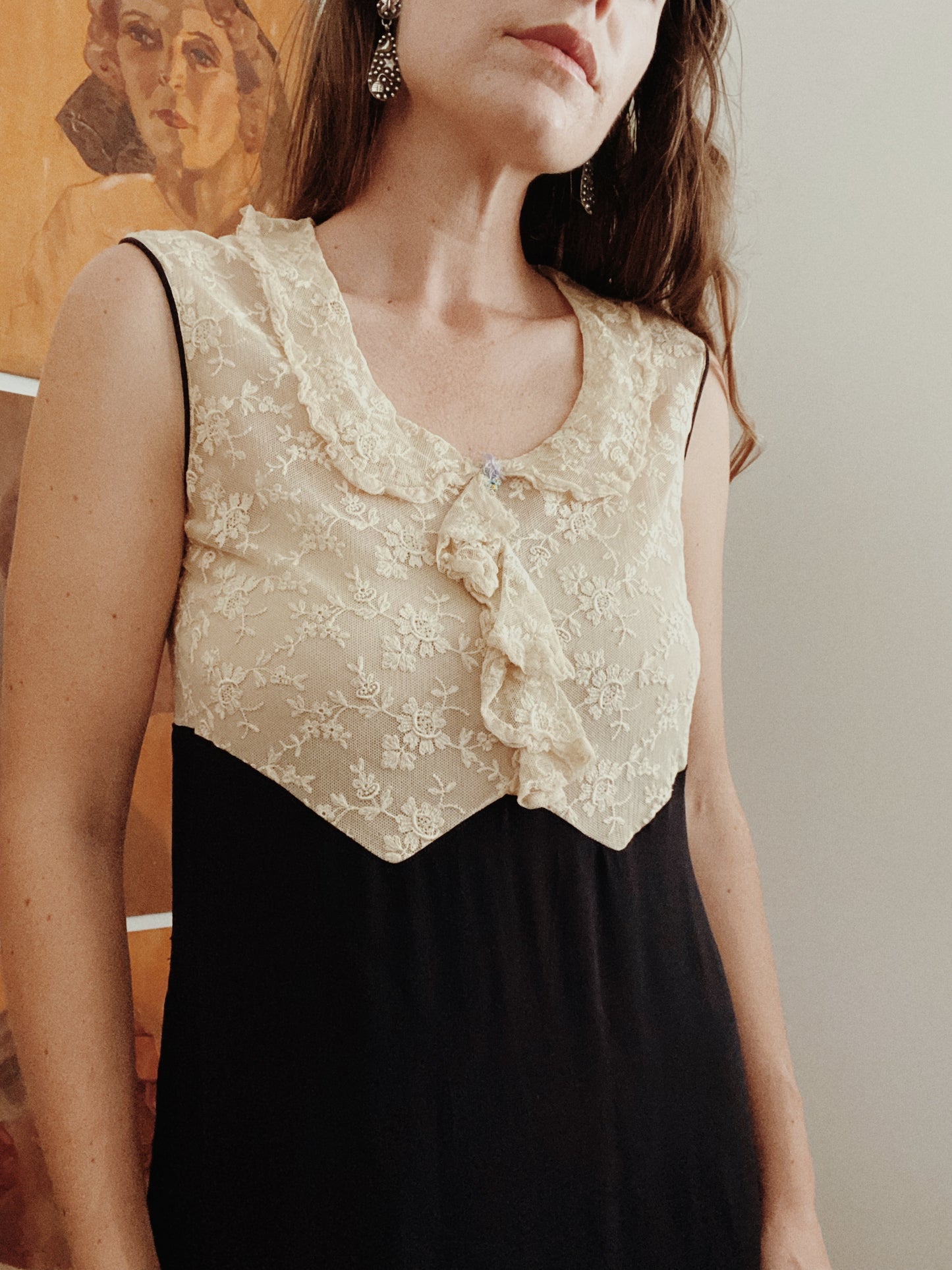 1930s Black Rayon + Ecru Lace Dress- S/M