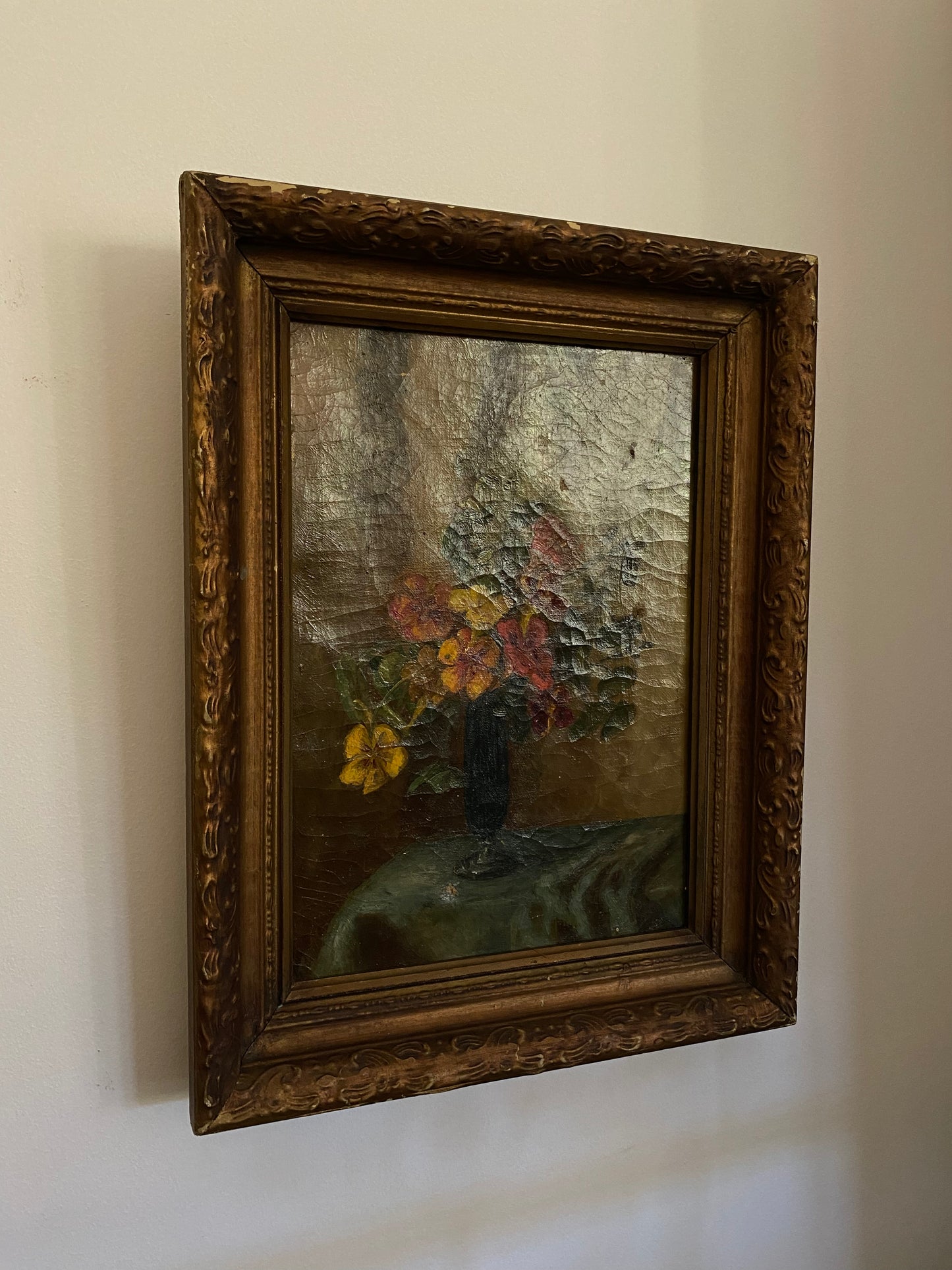 1920s/30s Nasturtium Antique Oil on Stretched Canvas- 13.5 x 17.5”