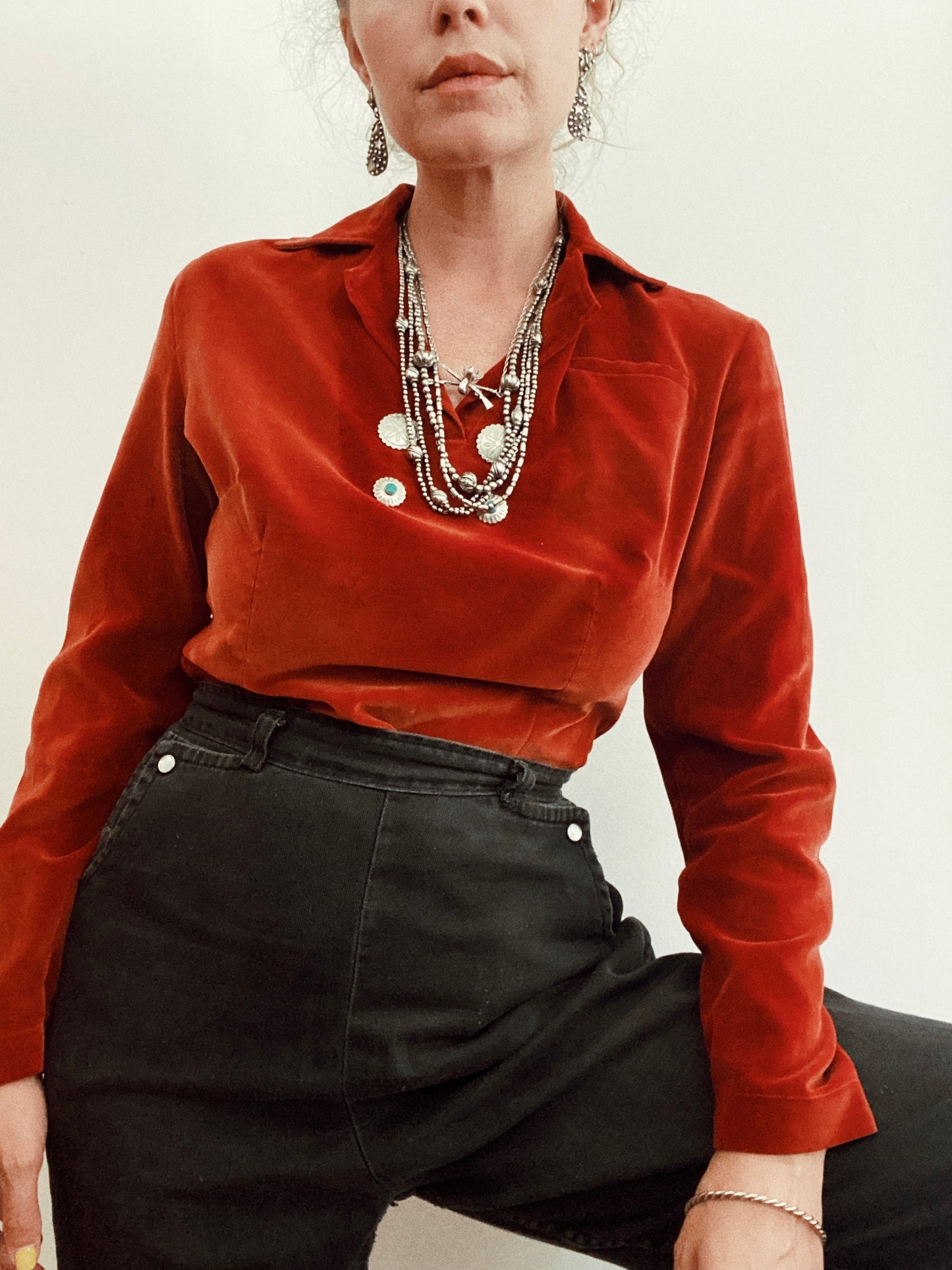 1950s Cabernet Velveteen Blouse w/ Silver + Turquoise Conchos- S/M