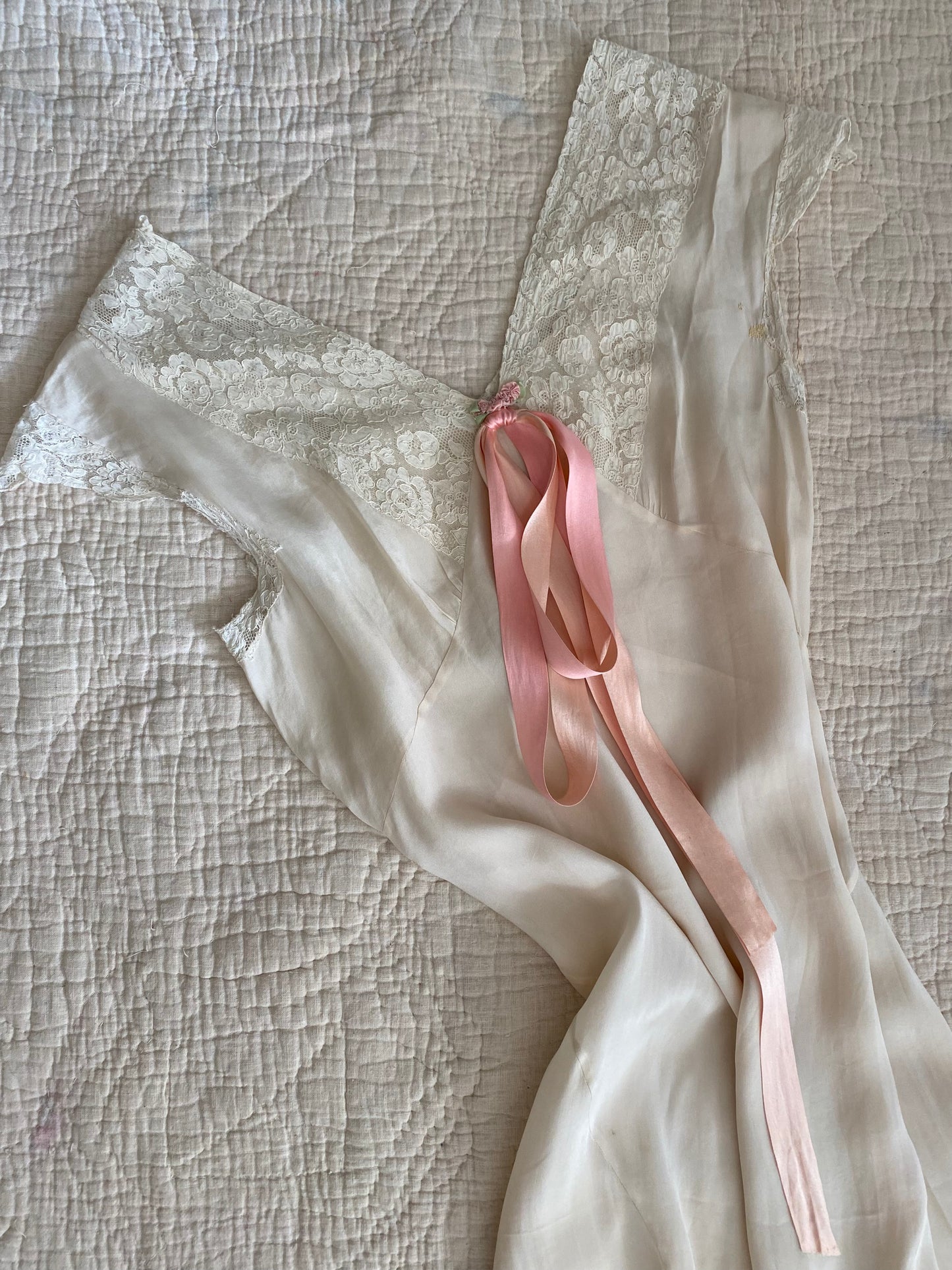 1930s Creme Silk + Lace Bias Cut Slip Dress w/ Rosettes- L