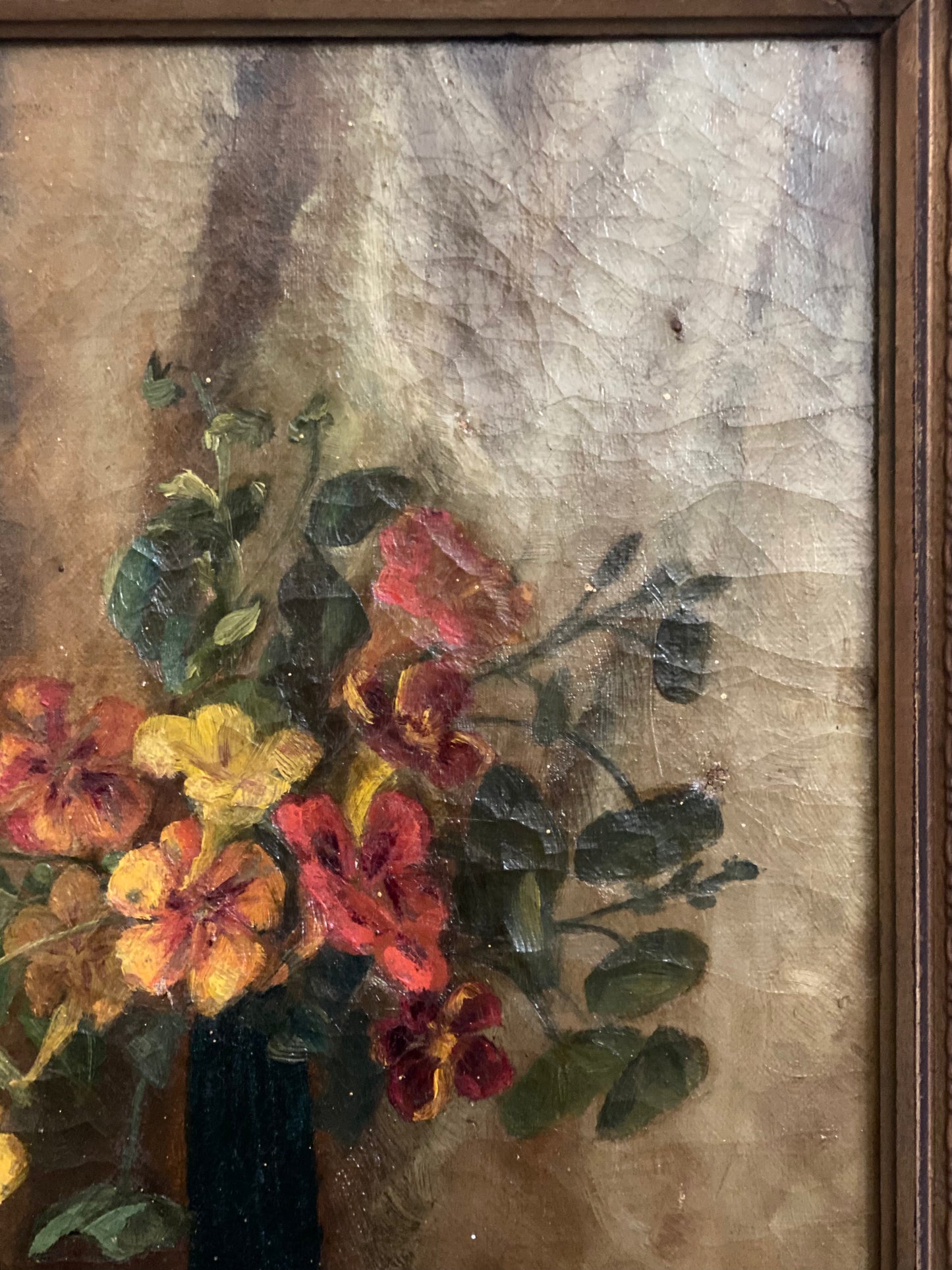 1920s/30s Nasturtium Antique Oil on Stretched Canvas- 13.5 x 17.5”