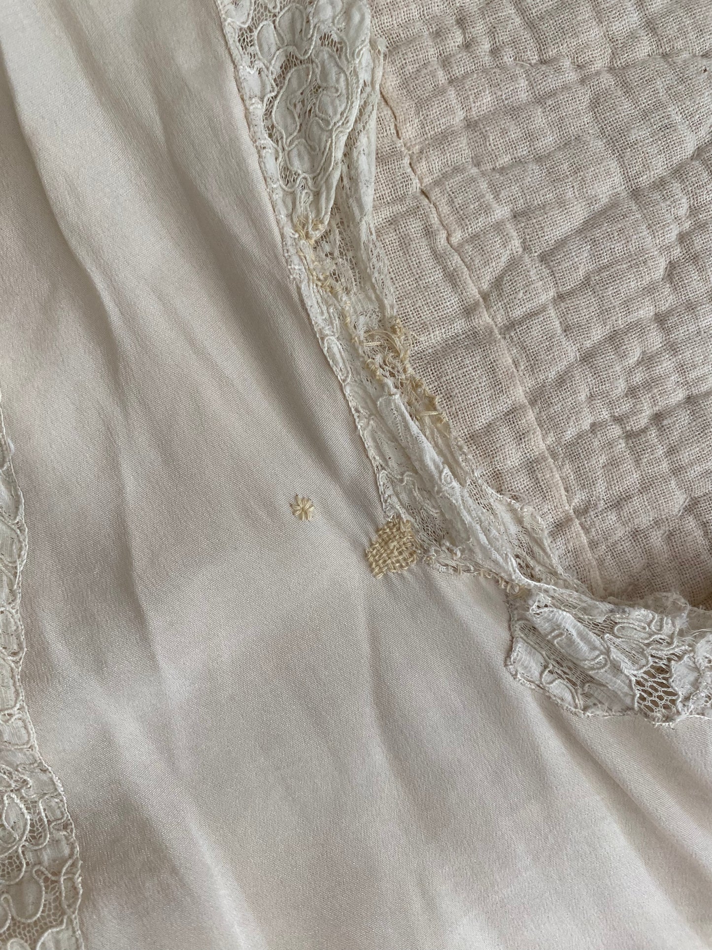 1930s Creme Silk + Lace Bias Cut Slip Dress w/ Rosettes- L