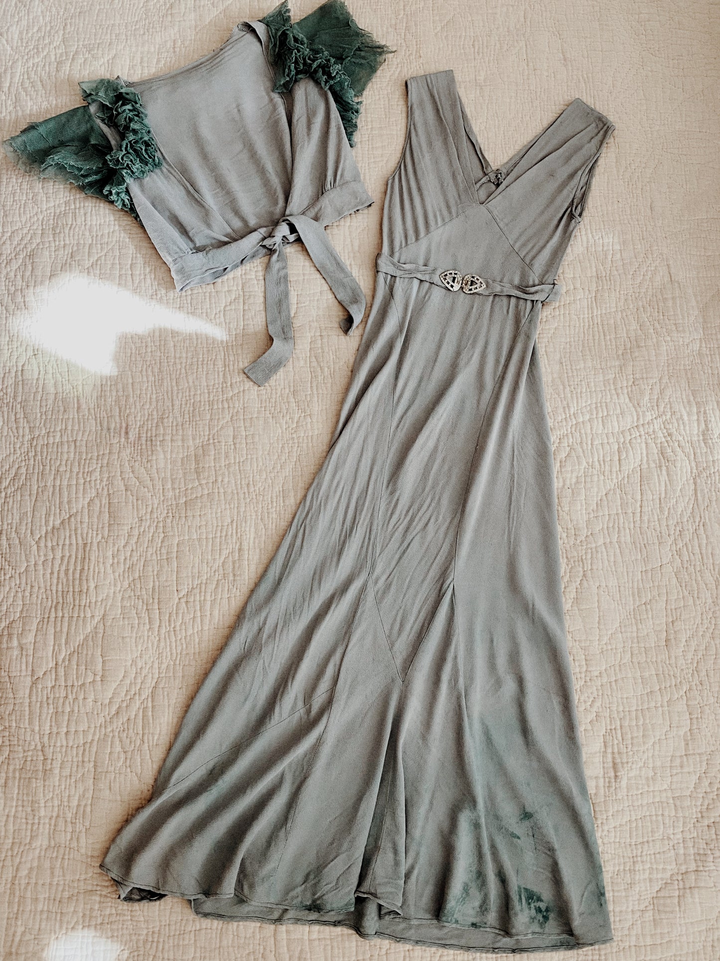 1930s Sea Foam Rayon Crepe Gown w/ Bolero- S