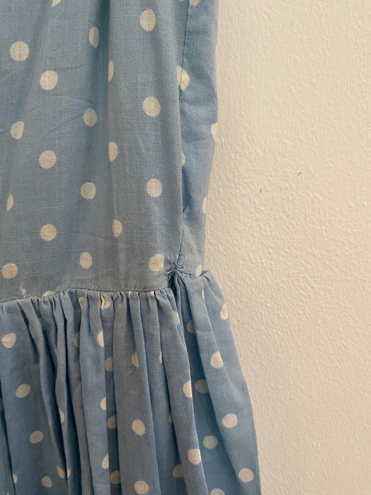 1940s Baby Blue Cotton Polka Dot Maxi Dress w/ Shawl Collar- L