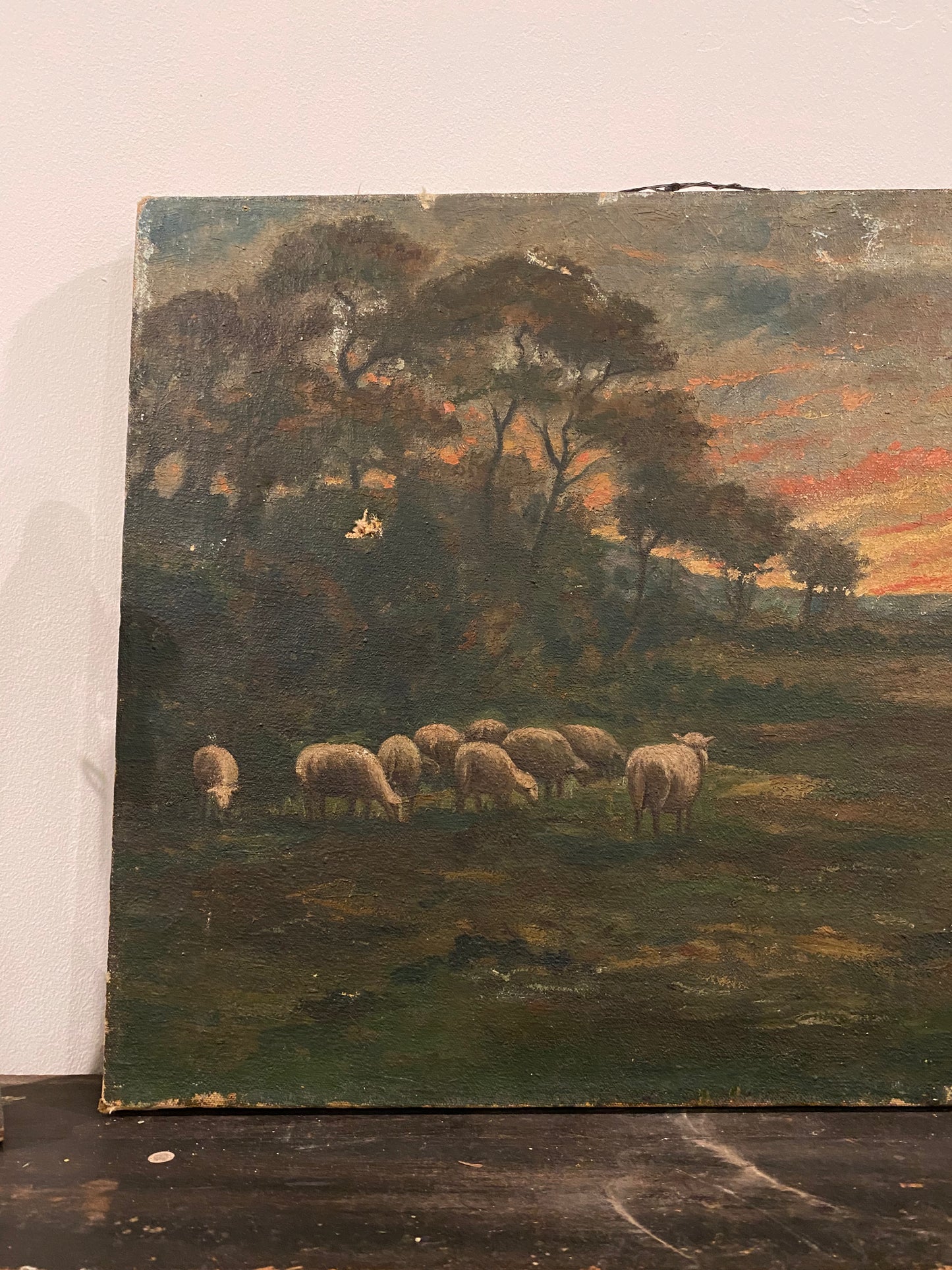 Antique Pastoral Sunset Scene Oil on Canvas- 16.5x20”