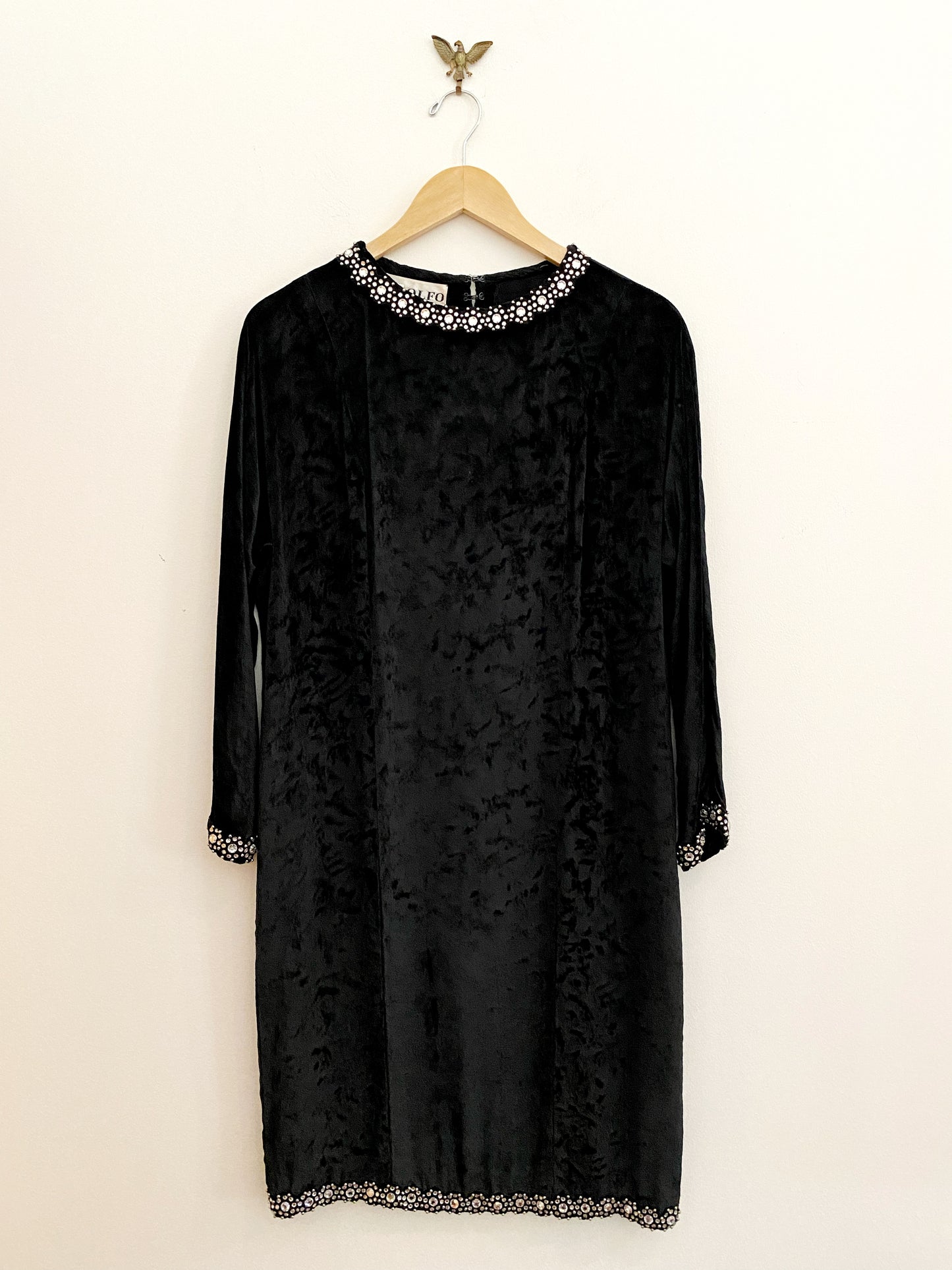 1970s Adolfo Velvet + Rhinestone Evening Sheath Dress- M/L