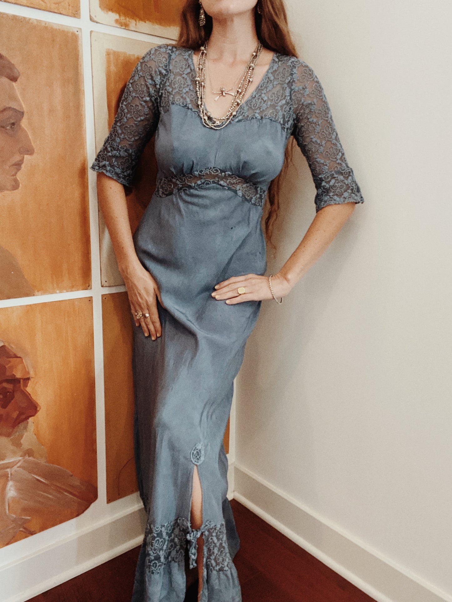 1930s Silk + Lace Robins Egg Slip Dress- S/M